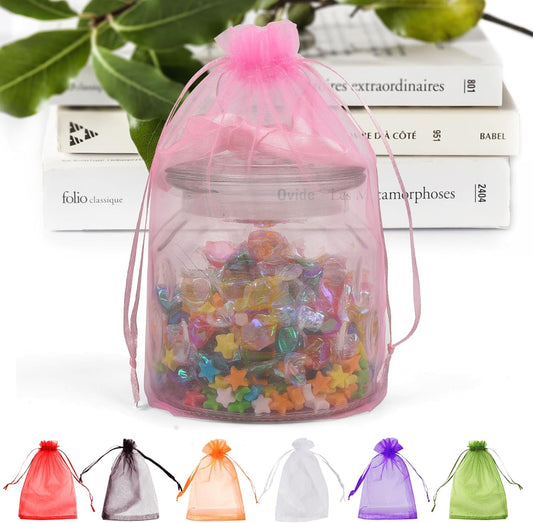 ANZNKU 50 Pack Sheer Organza Bags 6x9 inches, Mesh Drawstring Bags, Mesh Bag for Gifts Large Organza Favor Bag Drawstring for Party Wedding Christmas(Pink)