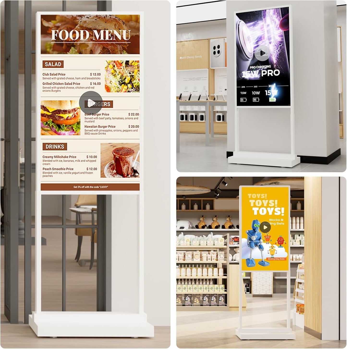 55 Inch Digital Signage Kiosk LCD Advertising Display Menu Displays Indoor Android Floor Standing Vertical Poster White, 2+32GB, 2K FHD, 700nits, USB