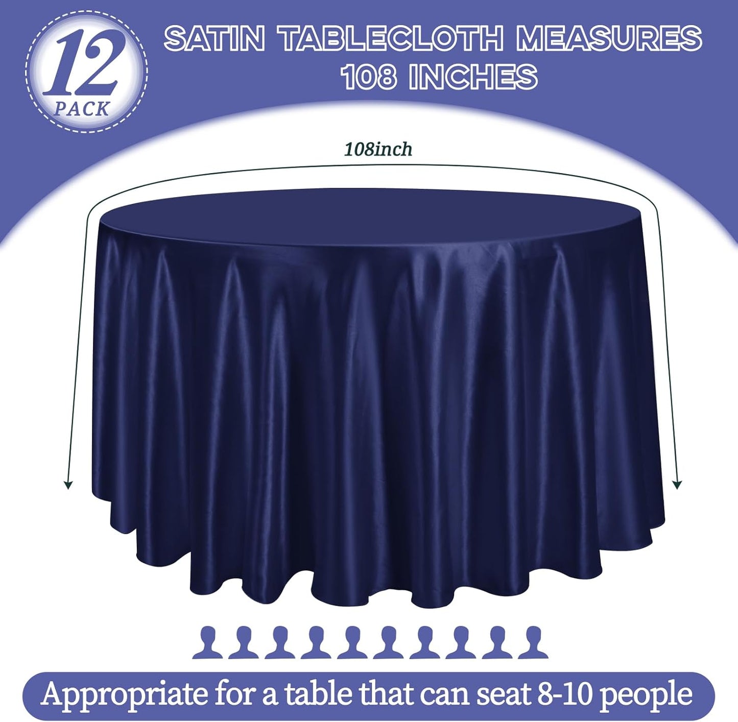 12 Pack 108 Inch Navy Blue Satin Tablecloth - Silky Round Tablecloth Overlay Smooth Fabric Table Cover, Bright Table Decoration for Wedding Party Banquet Events Restaurant Kitchen Dining