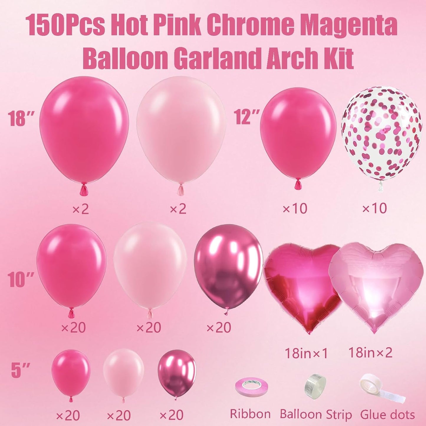Hot Pink Balloon Garland Arch Kit,150Pcs Baby Pink and Metallic Magenta Balloon Pink Confetti Balloons with Heart Foil Balloons for Girls' Birthday Princess Wedding Baby Shower Party Decorations