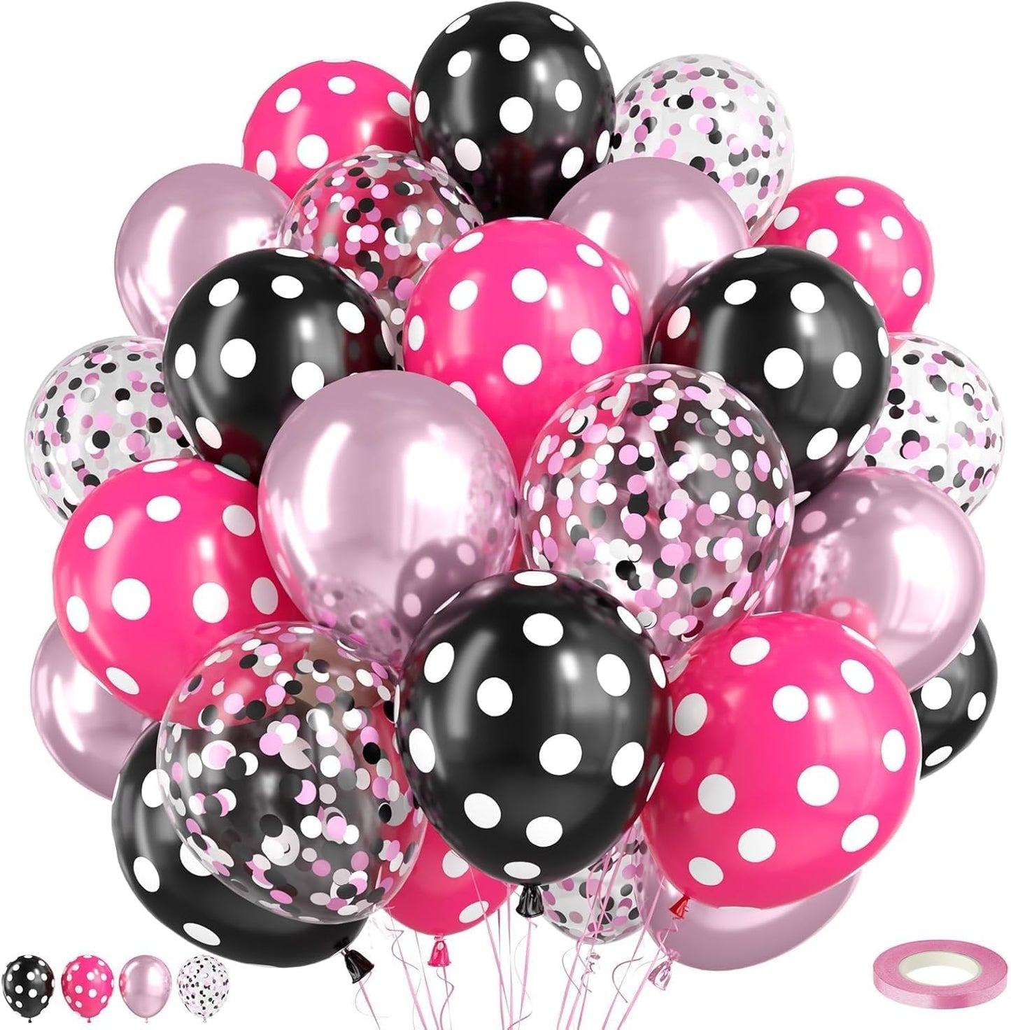 Pink and Black Balloons,50Pcs 12 Inch Hot Pink White Black Dots Metallic Pink Latex Balloons,for Girls Women Wedding Birthday Party Supplies