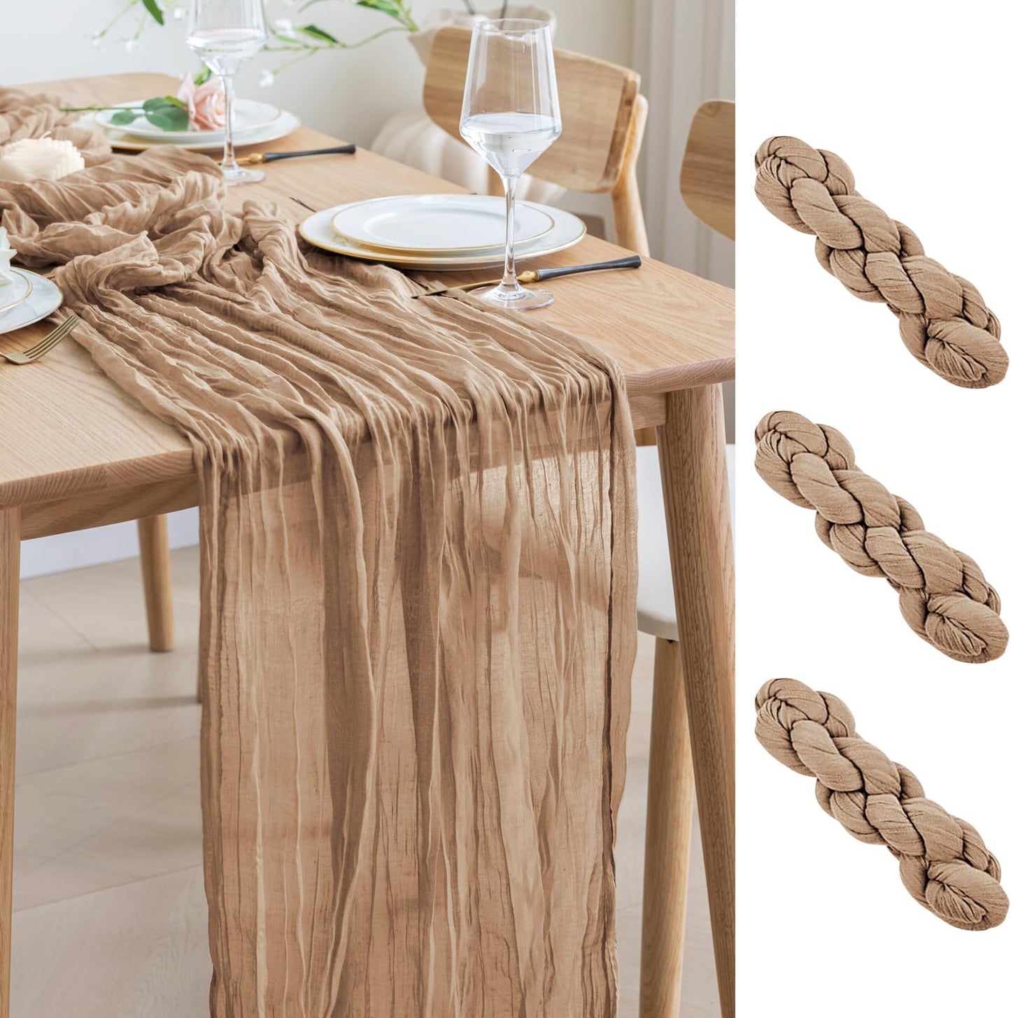 Asee'm 3pcs Cheesecloth Table Runner 120 Inches Long Nude Boho Gauze Cheese Cloth Runner 10FT Rustic Sheer Table Runners for Christmas Wedding Party Baby Shower Spring Easter Decoration