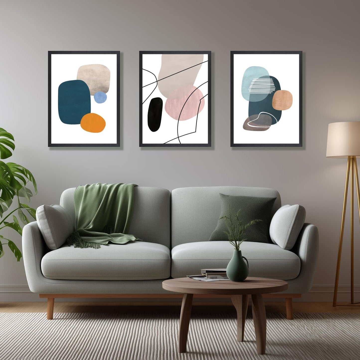 IAFWZX Wood Framed Abstract Geometric Wall Art, Orange Blue Beige Color Block Wall Decor, Modern Minimalist Canvas Painting, Neutral Boho Colorful Geometric Aesthetic Picture for office 12"x16"x3