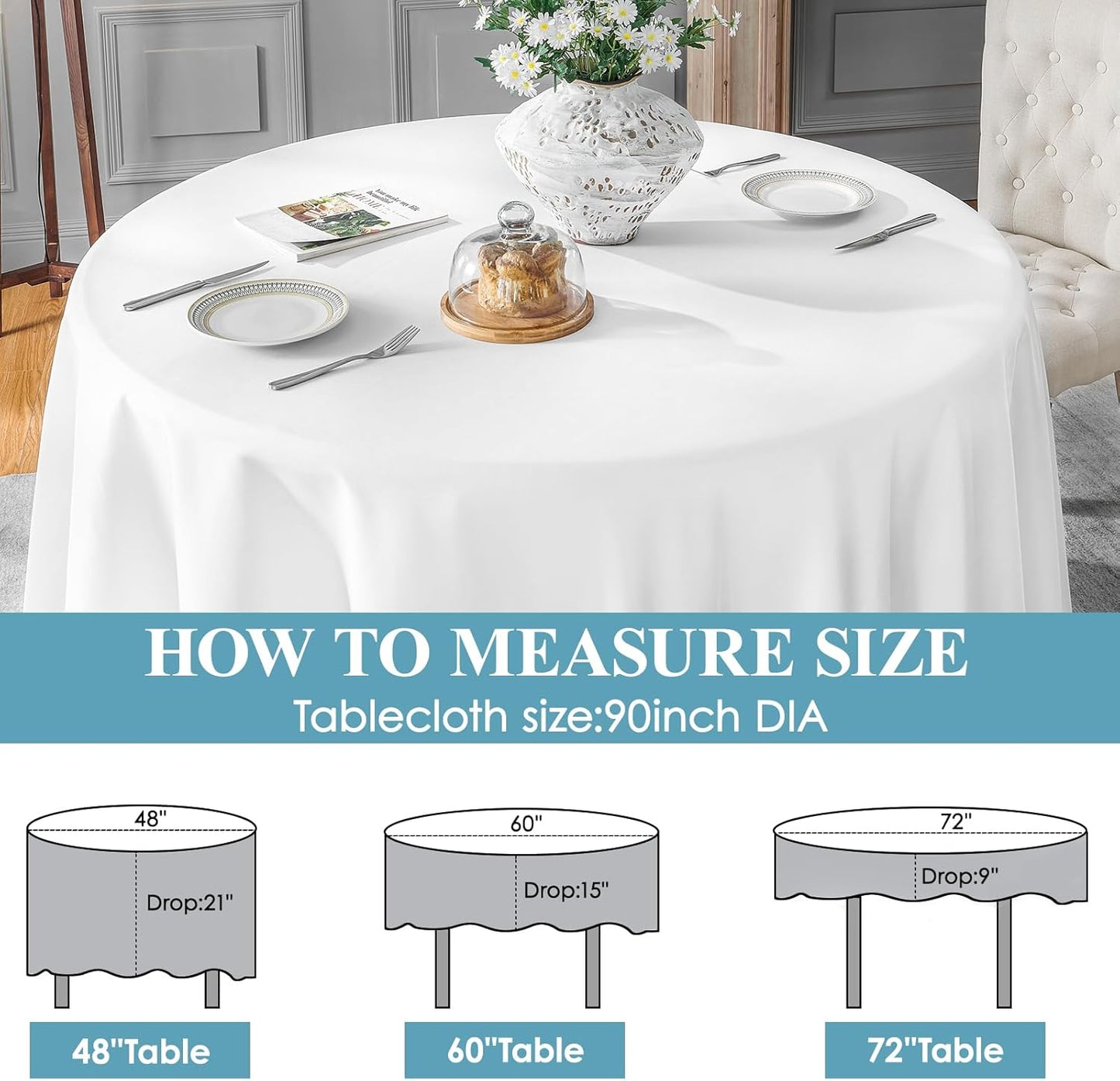 VidaFete 6 Pack 90inch Round Tablecloth Polyester Table Cloth，Stain Resistant and Wrinkle Polyester Dining Table Cover for Kitchen Dinning Party Wedding Rectangular Tabletop Buffet Decoration(White)