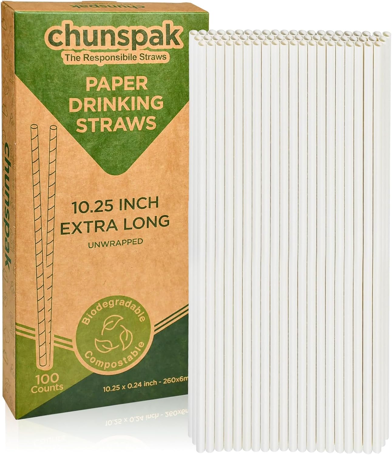 10 Inch Long Paper Drinking Straws, 0.24" Diameter - White, 100 counts