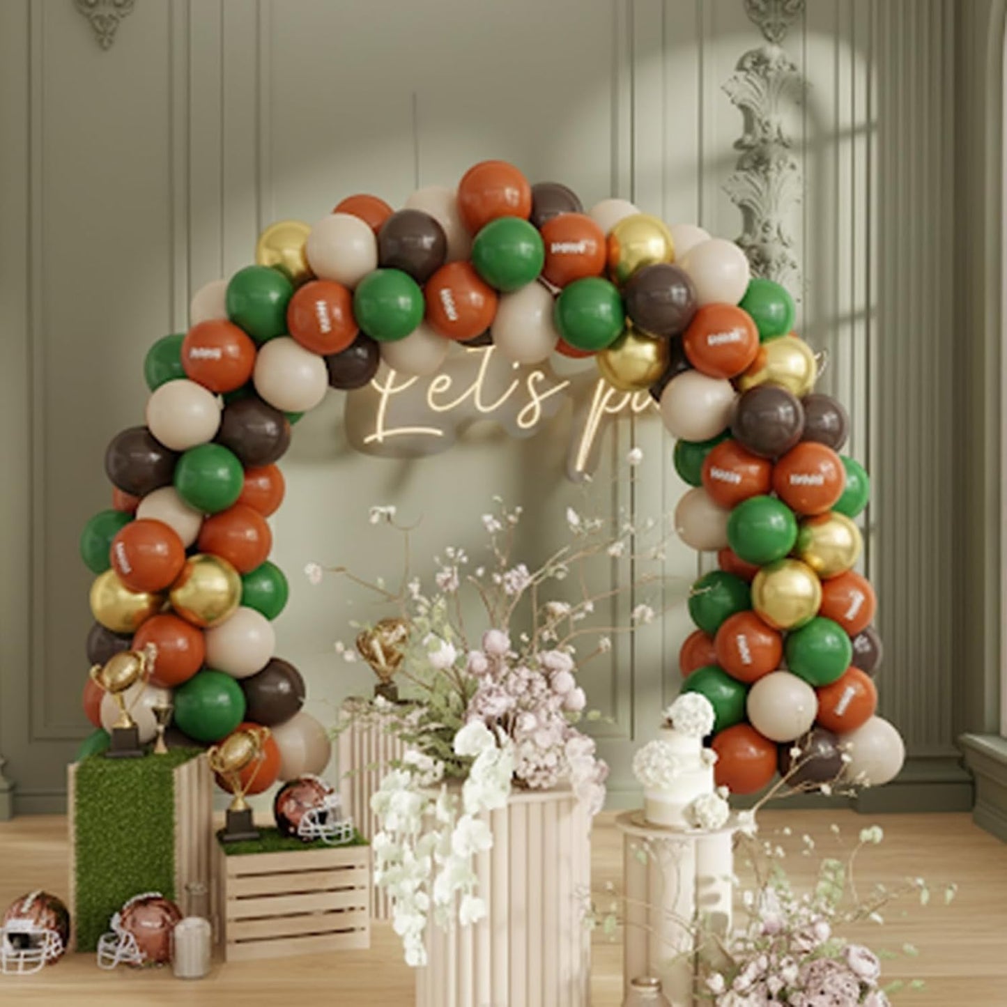 Football Balloons, 50PCS 12inch Party Balloons Dark Green Gold Black Beige Ballons Football Printed Balloons For Boys Game Sports Birthday Party Football Themed Decorations