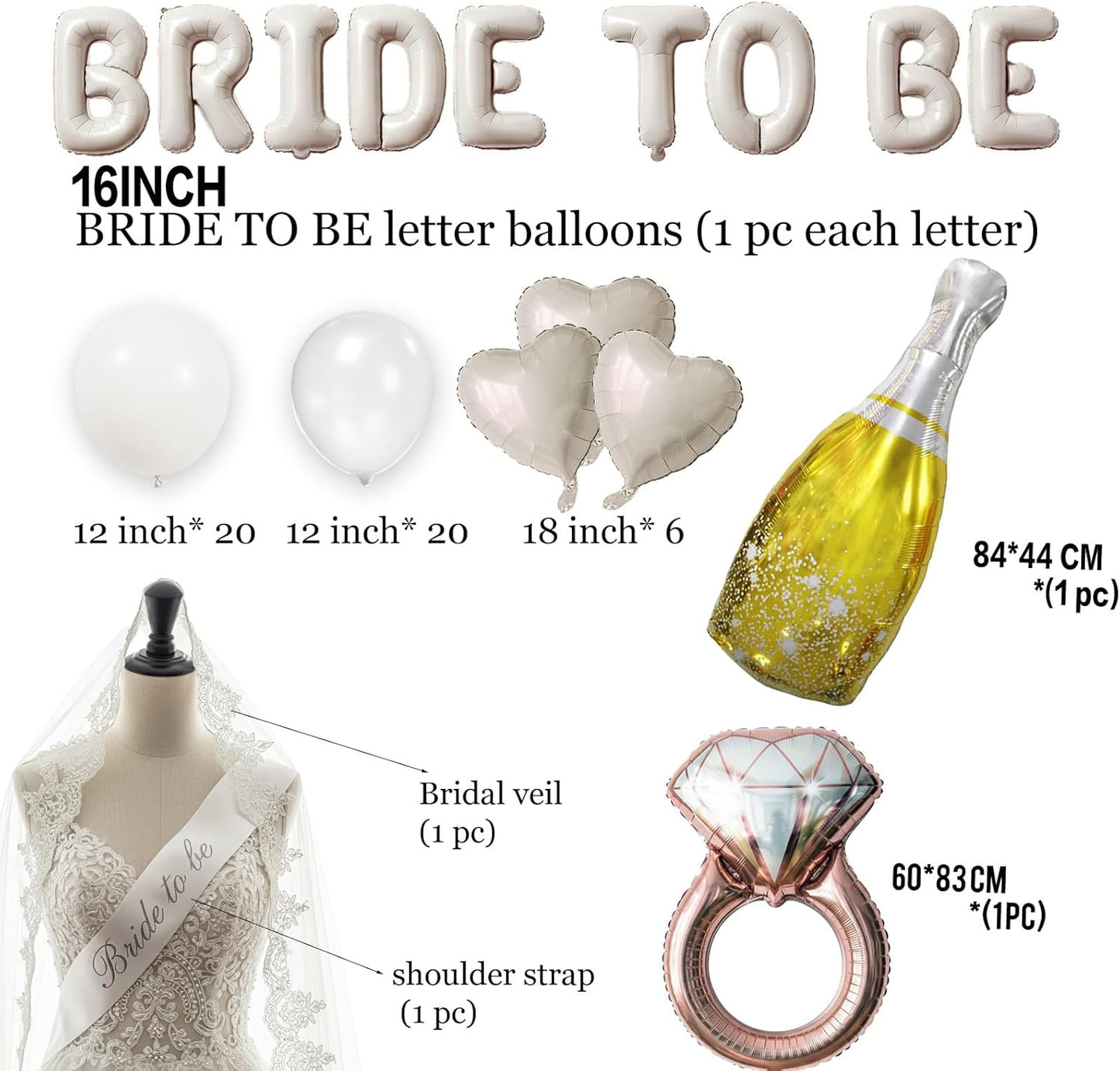 Cream White bridal shower Decorations with BRIDE TO BE letter Balloons & bridal Sash Diamond Ring Heart shape and Champagne Balloons Bridal Veil for Bachelorette Party Decor Bride To Be supplies