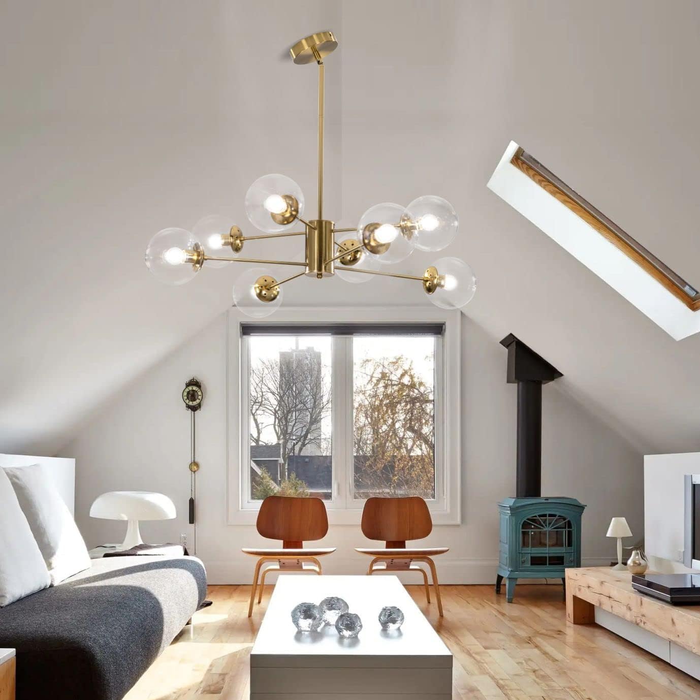 KCO Lighting Modern Sputnik Chandelier 8-Light Clear Glass Globe Ceiling Pendant Light Mid Century Brass Flush Mounted Fixture Kitchen Island (Gold+Clear)