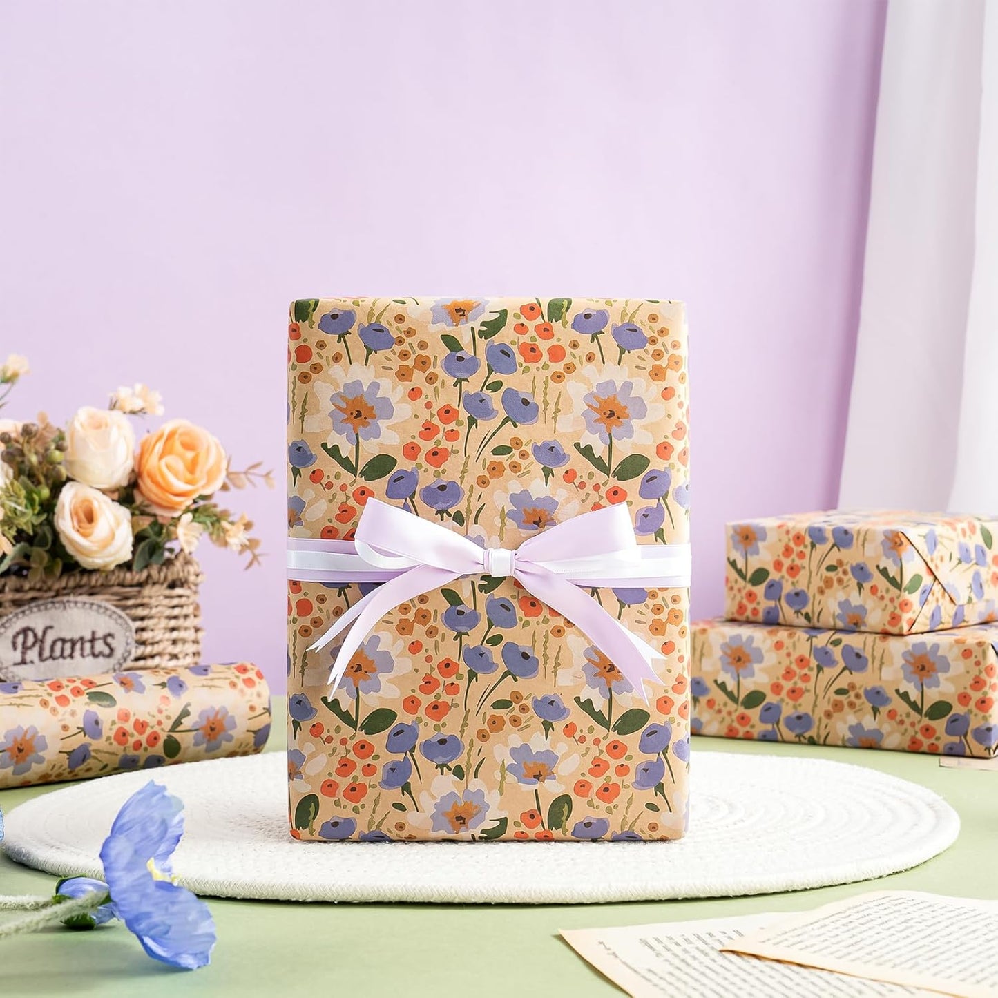 WRAPAHOLIC Kraft Floral Wrapping Paper Roll - Mini Roll - 17 Inch x 9.8 Feet - Watercolor Flower Wrapping Paper, Perfect for Wedding, Birthday, Bridal Shower, Tea Party