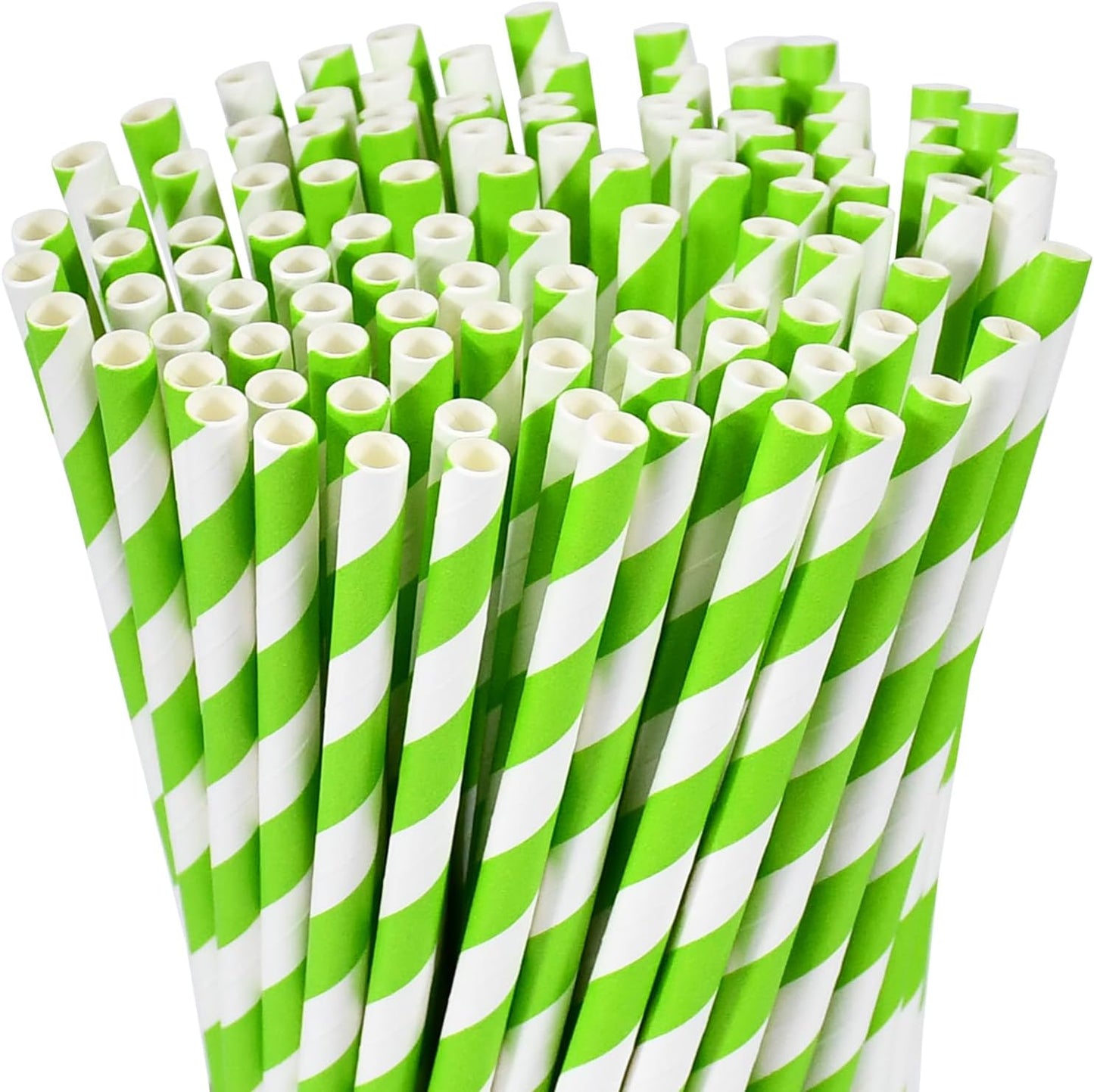 7.75'' x 0.24'' Disposable Party & Daily Paper Drinking Straws Green White Striped 100 Counts - Biodegradable & Compostable