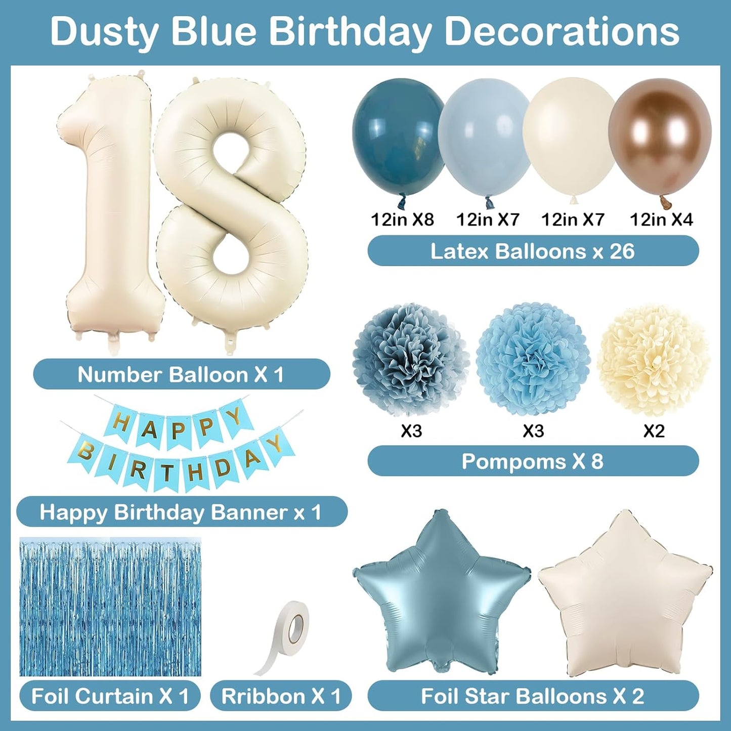 Dusty Blue 18th Birthday Party Decorations Boys Girls Beige Cream Number 18 Balloon with Blue Gold Happy Birthday Banner Fringe Curtain Paper Pom Poms Nude White Sand Champagne Star Foil Balloons