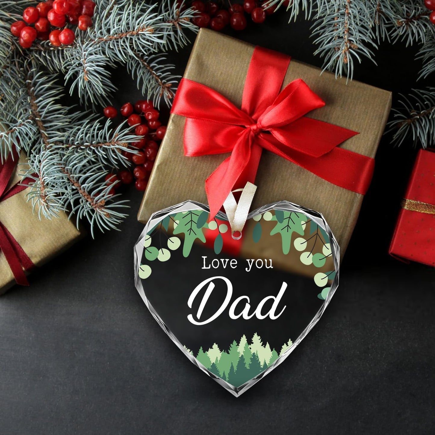 NewEleven Gifts for Dad, Love You Dad Gift Keepsake, Father Birthday Gift, Fun Birthday Gifts for Papa from Daughter, Son - Glass Heart Christmas Ornament