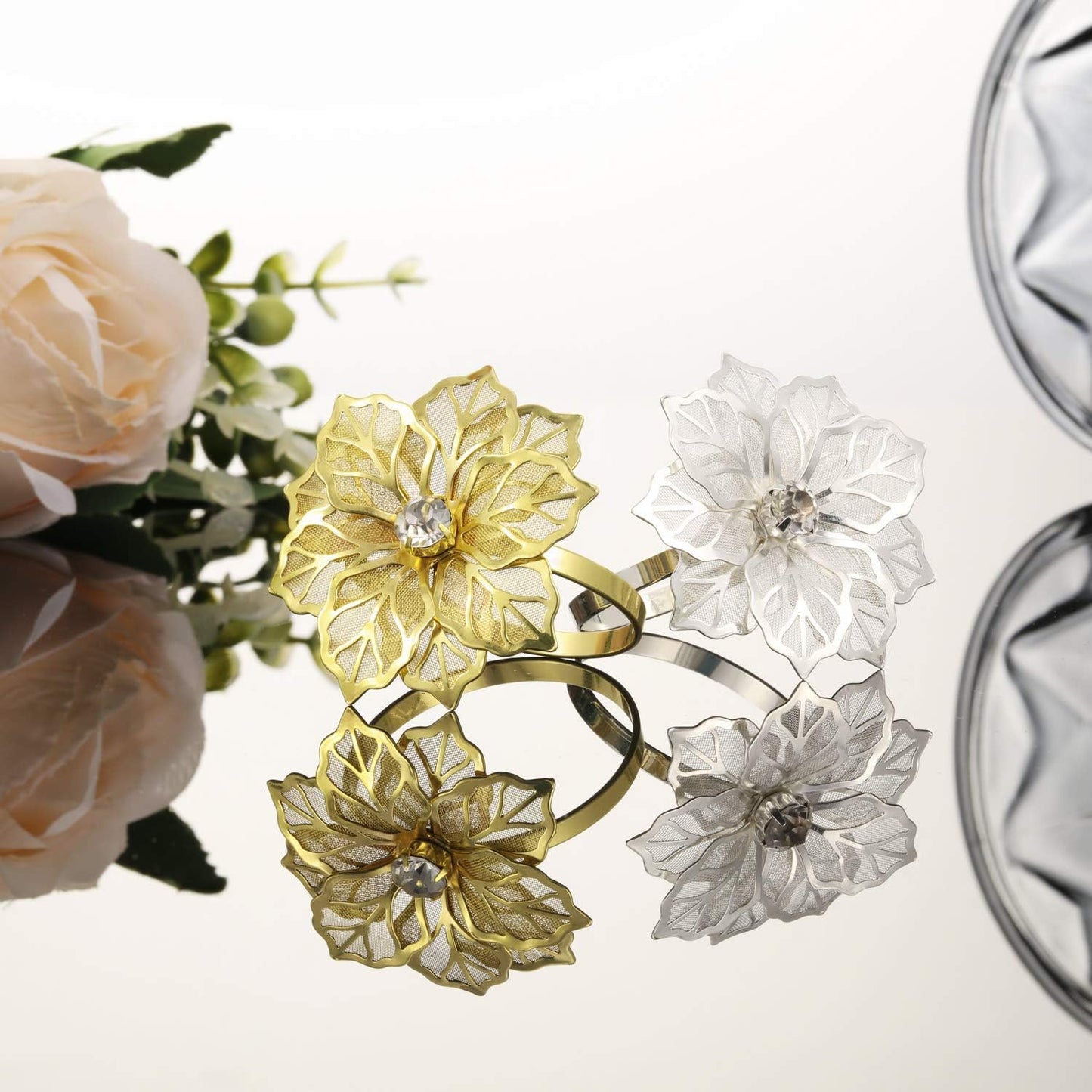 Hotop 12 Pcs Hollow Out Flower Napkin Rings Fall Napkin Ring Holder Metal Serviette Buckles Set for Dinner Thanksgiving Christmas Wedding Banquet Table Plates Decoration(Silver)