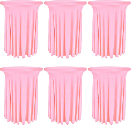 6 Pack Round Cocktail Tablecloth 32"x 43" Spandex Cocktail Table Skirt, Washable Stretch Fitted Table Covers for High Top Bar, Wedding, Party, Events (Pink)