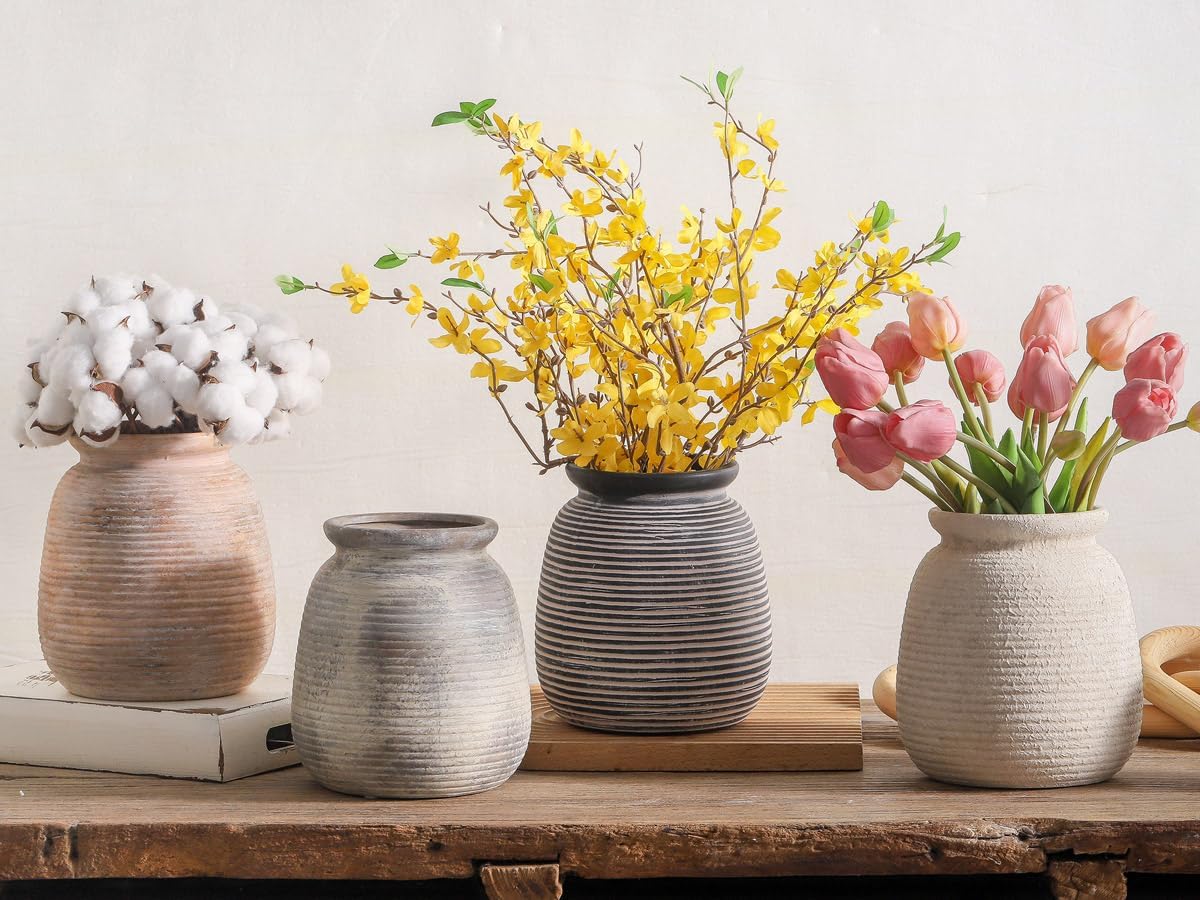 Ceramic Flower Vase, 7.48" Rustic Vases Home Decor Farmhouse Vintage Pampas Decorative Pottery Clay Vases for Table Living Room Bookshelf Entryway Kitchen Bathroom Bedroom