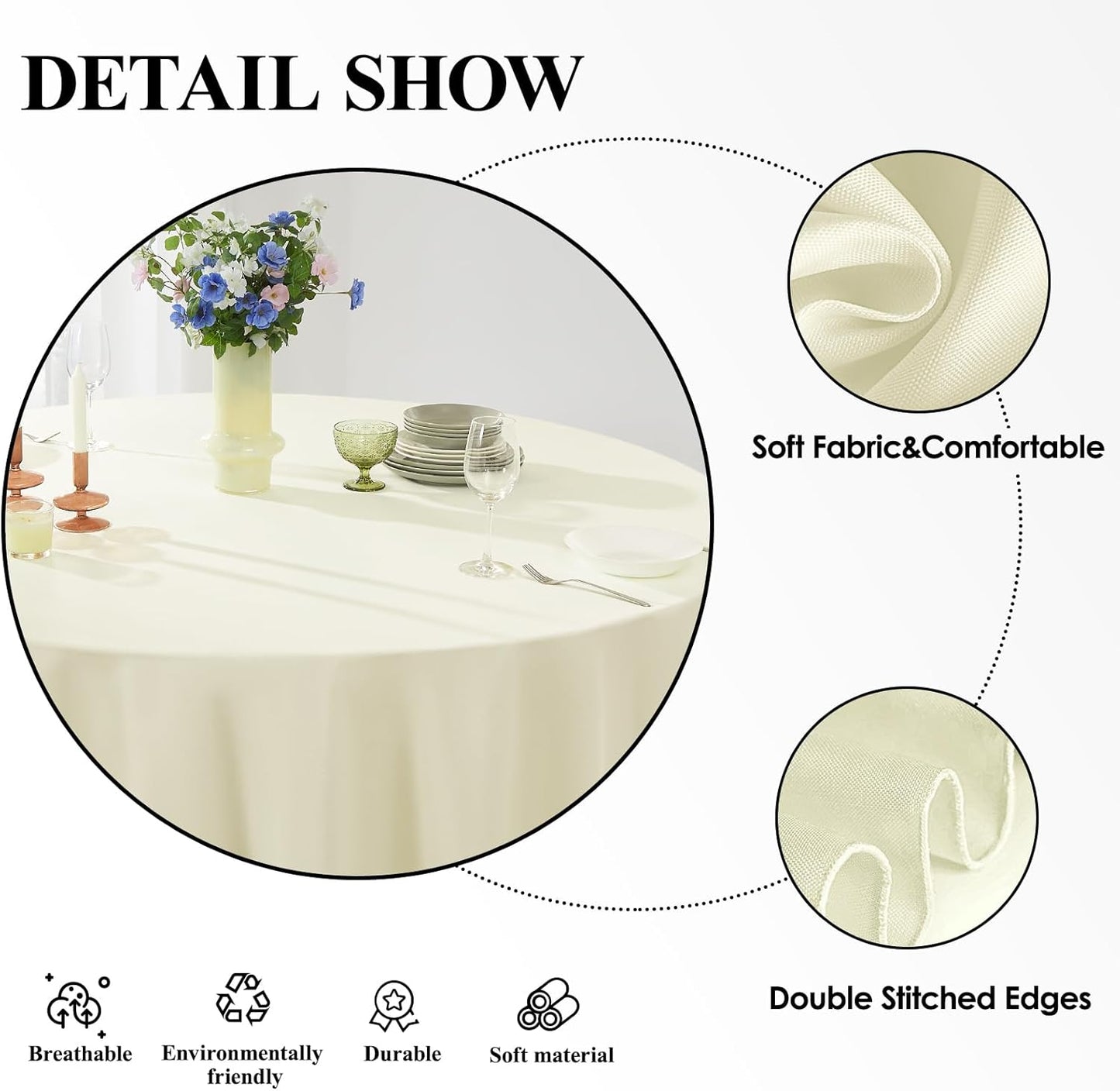 Round Tablecloth 132 Inch 2 Pack Ivory Tablecloths Washable Decorative Linen Polyester Table Clothes Cover for Dining Table Banquets Buffet Parties and Wedding