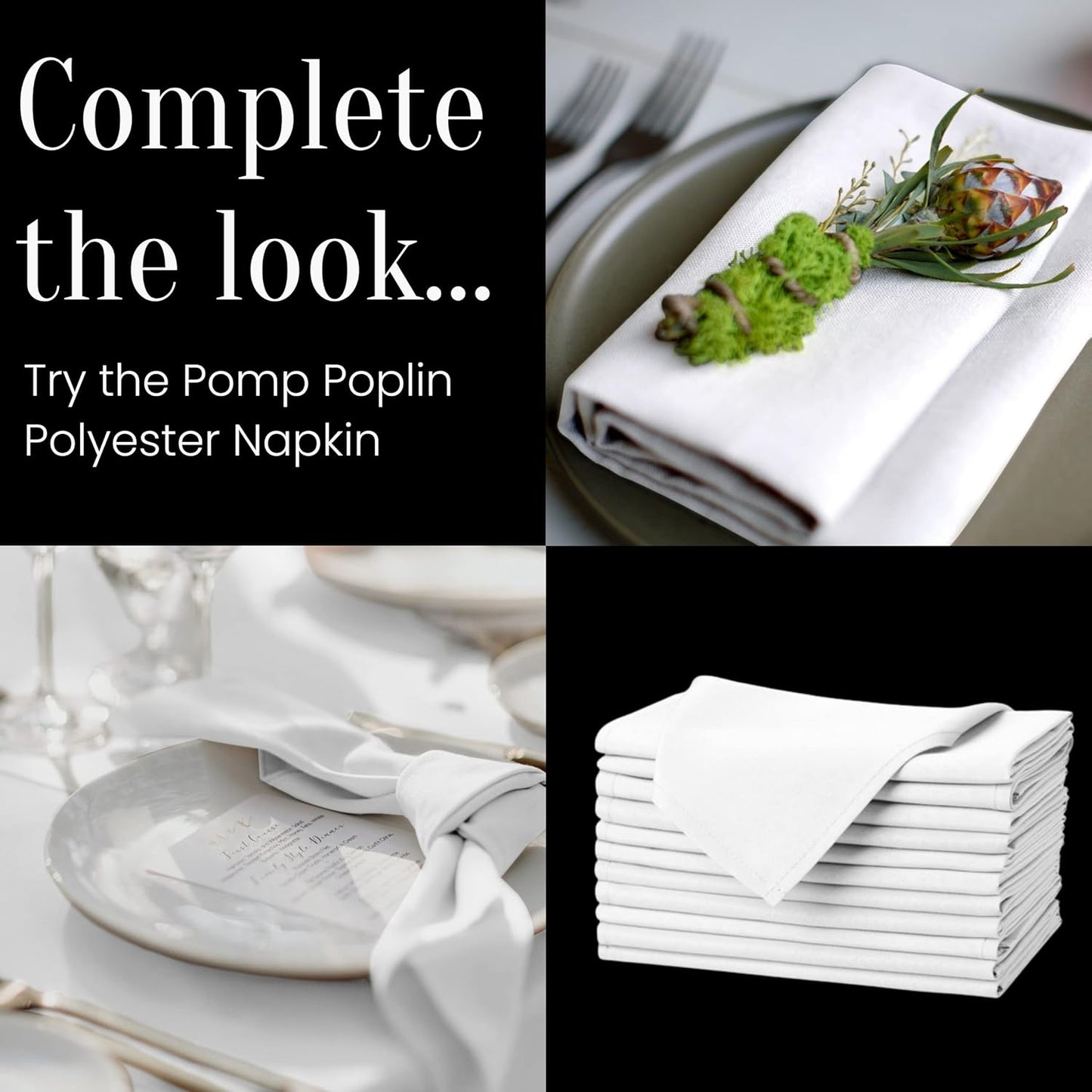 Pomp Pure White 70" x 120" Poplin Polyester Tablecloth (4 Pack) | Wrinkle + Stain Resistant Easy Care Premium Fabric | Fits 6FT or 8FT Rectangle Table