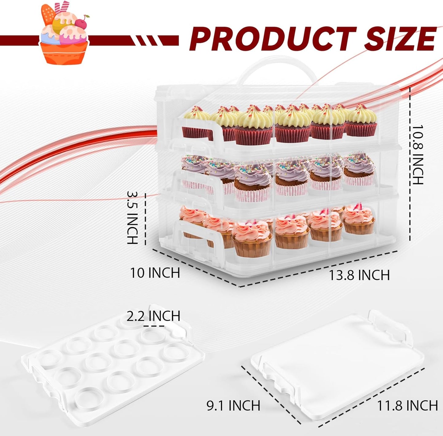 Cupcake Carrier, 3-Tiers Cupcake Containers, Holds 36 Cupcakes or 3 Large Cakes, Cupcake Holder, Cupcake Box with Lid and Handle (White, Basic)