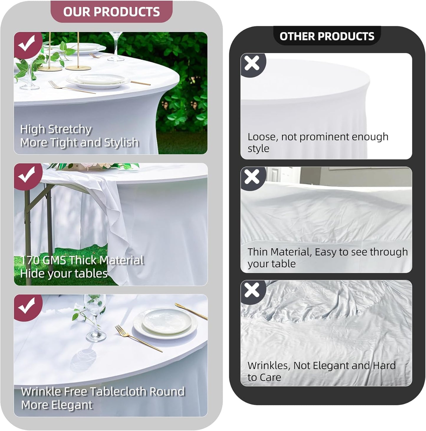 2 pk White Round Spandex Tablecloth for 60in Tables, Wrinkle Free Stretchy 120inch Fitted 5FT Table Cloths Round Table Covers with Skirt for Wedding Party Dining Banquet Events