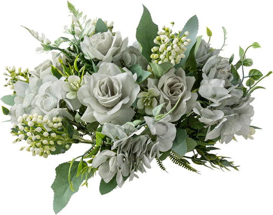 Artificial Flower 5 Branches Artificial Silk Fake Flowers Bouquet Small Roses for Wedding Home Office Tables Decor 2 Packs(Green)