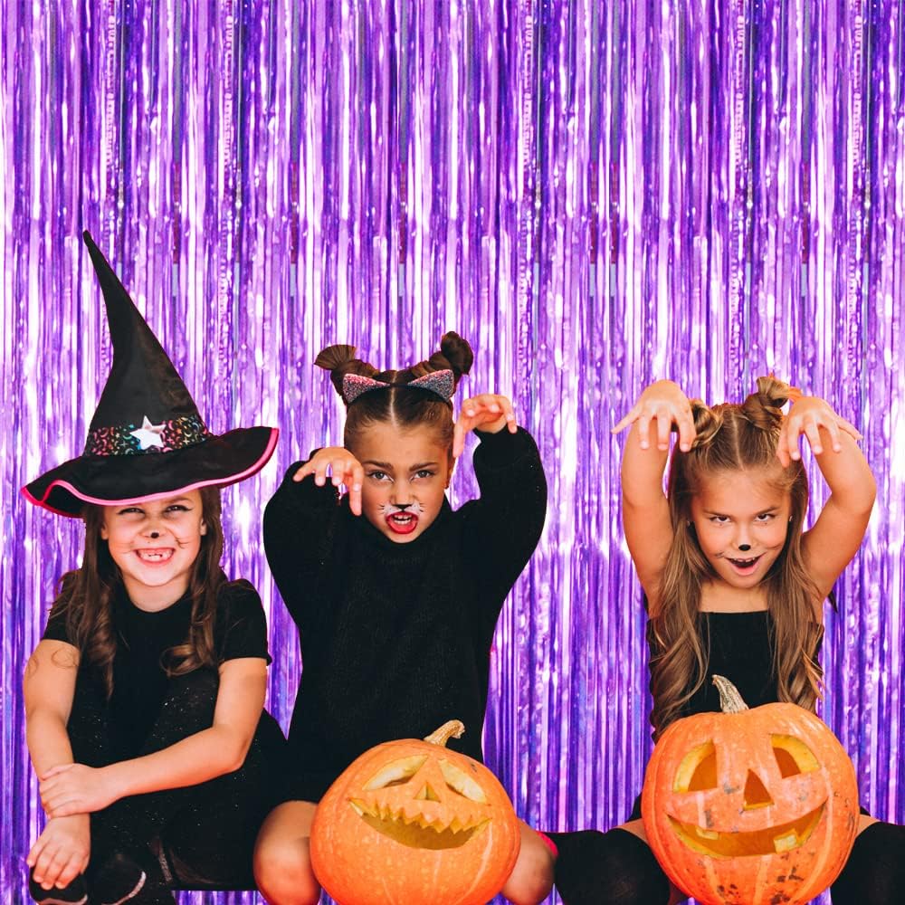 GOER 3.2 ft x 8.2 ft Metallic Tinsel Foil Fringe Curtains Party Photo Backdrop Party Streamers for Halloween Birthday,Graduation,New Year Eve Decorations (5 Packs,Purple)