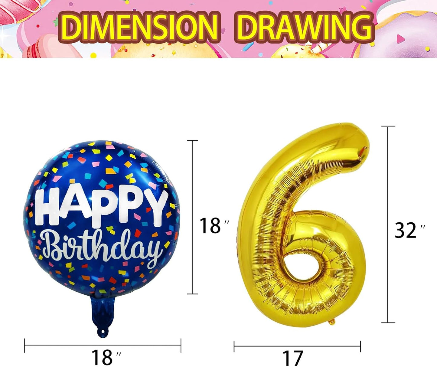50 Pcs Happy Birthday Party Aluminum Foil Balloons and 6th Balloons, 18 Inch Round Aluminum Foil Balloon with" Happy Birthday" Sign, Birthday Decorations for Boys/Girls (Yellow, 6)
