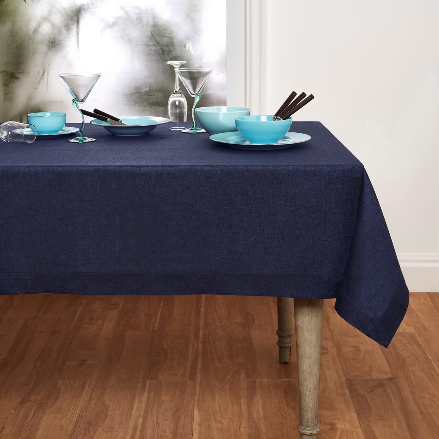Solino Home Linen Tablecloth 60 x 120 Inch - 100% Pure Linen Chambray Navy Table Cloth for Rectangular Tables - Athena, Machine Washable Cloth Tablecloth for Fall, Thanksgiving, Christmas, Holiday