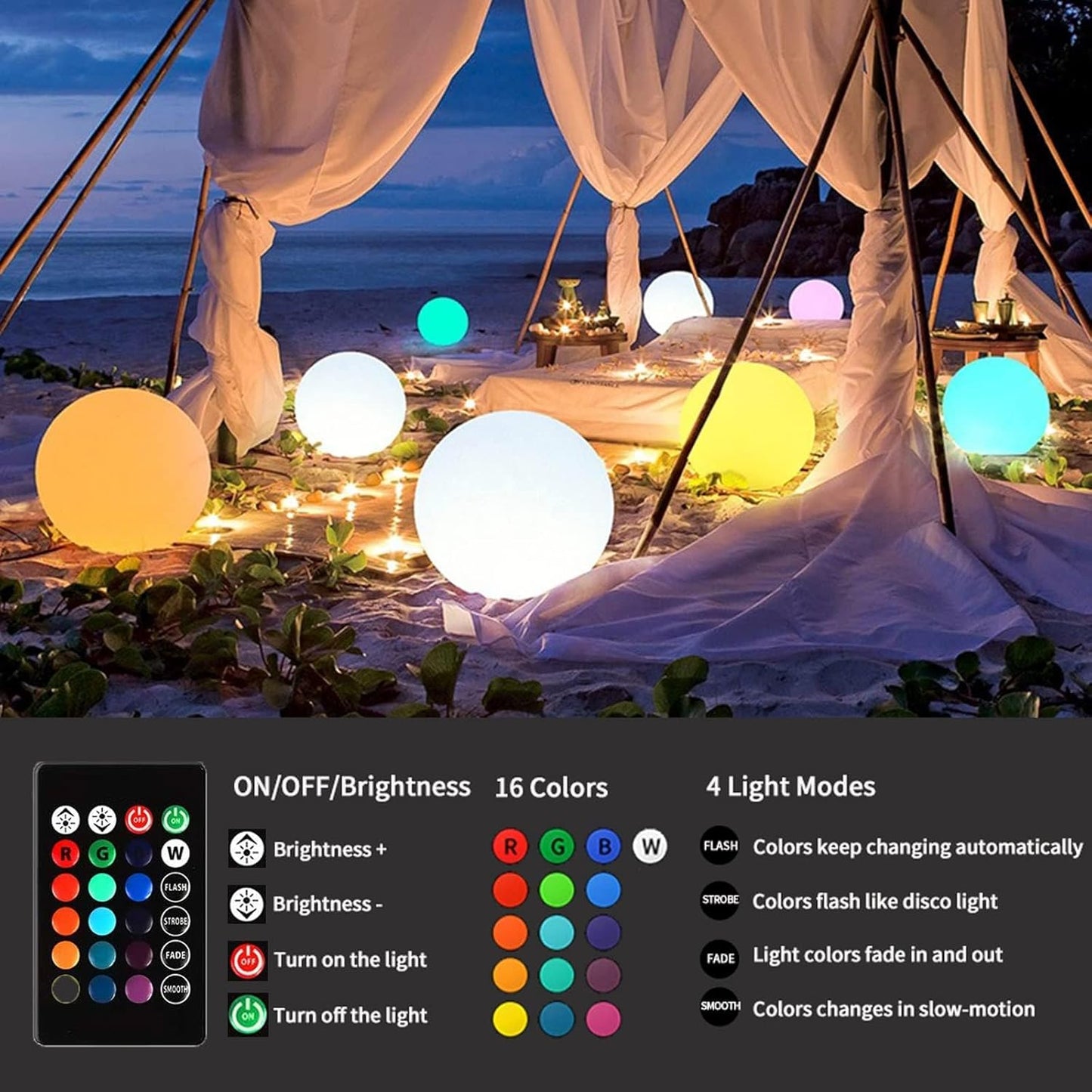 10-Inch LED Ball Light, Rechargeable Dimmable LED Glowing Orb Light w/Remote, 16 RGB Color Changing Globe Floor Lamp, Indoor/Outdoor Waterproof Mood Lamp for Home Lawn Party Pool Decor