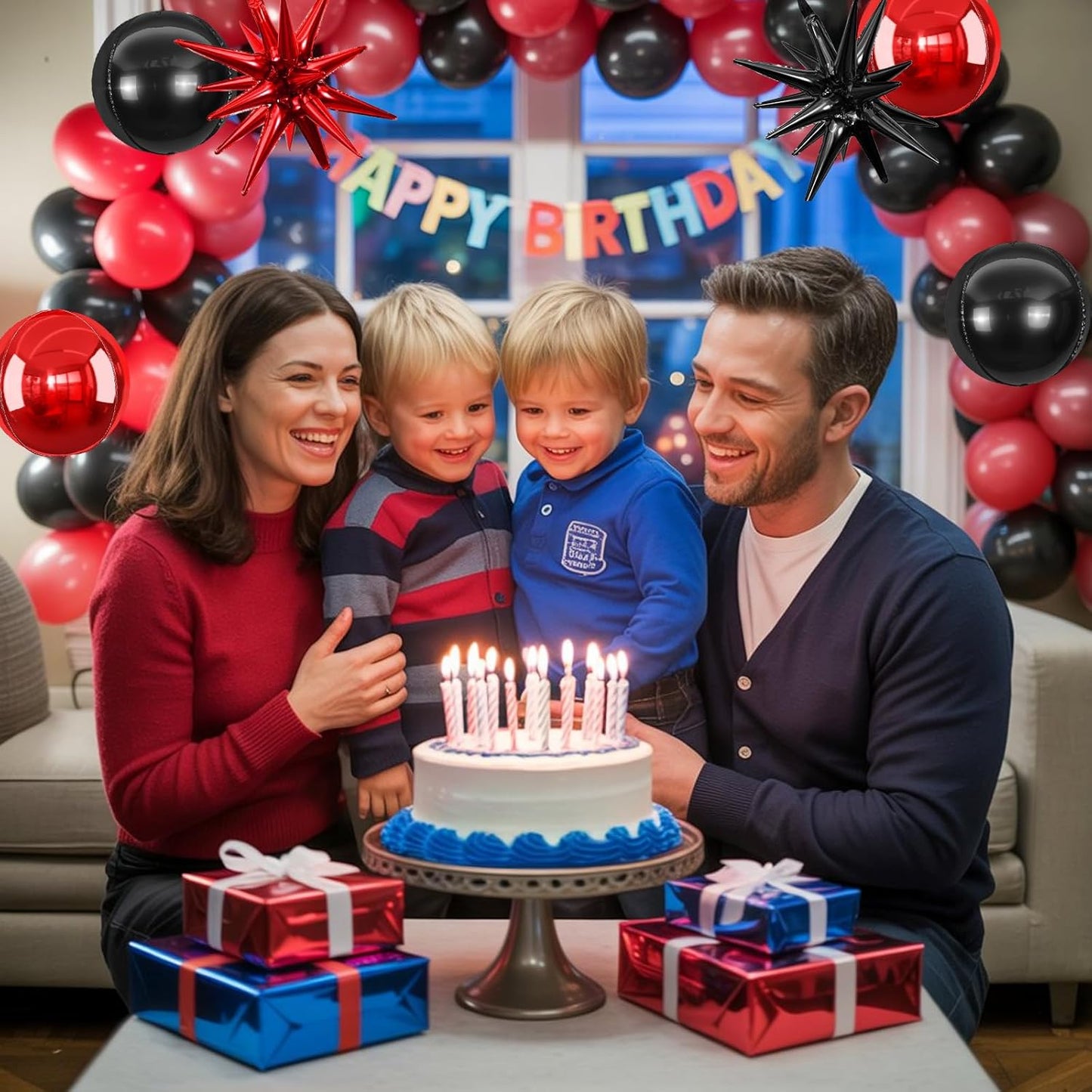 6Pcs Black Red Foil Balloons,22Inch Black Red 4D Round Ball Balloon and Explosion Star Balloon for Birthday Wedding Baby Shower Anniversary Party Decorations