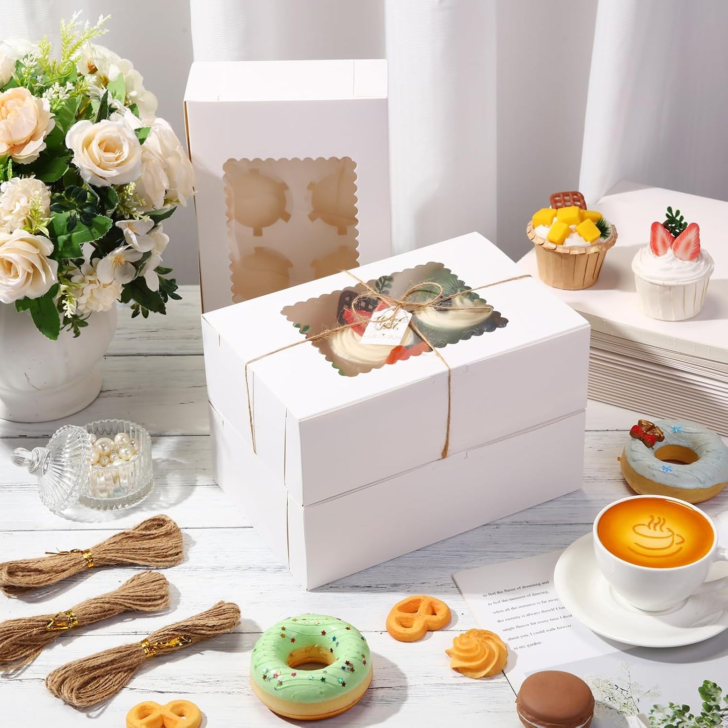 36 Pack Cupcake Boxes Hold 6 Count Disposable Cupcake Containers with Window and Cake Carrier with Thanks Card and Jute Rope to Muffins Cupcakes Cookies Gift Wrapping(White)