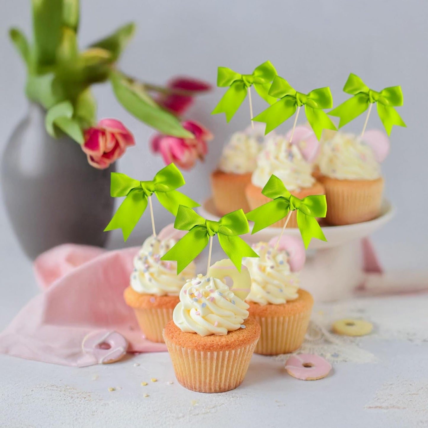 Gyufise 24Pcs Bow Cupcake Toppers Coquette Bow Girls Birthday Cake Decorations Bowknot Cake Toppers Bowknot Cupcake Picks for Baby Shower Birthday Wedding Bridal Engagement Party Supplies Green