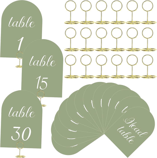 Green and White Table Numbers 1-30 with Head Table Number Card and Holders, 5 x 7 Inch Arched Place Seating Sign Double Sided for Wedding Reception Anniversary Birthday Party Restaurant