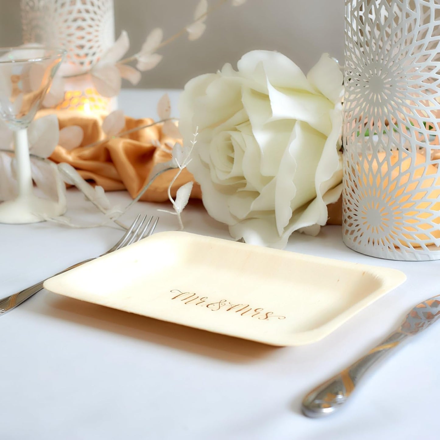 Mr. and Mrs. Disposable Wedding Plates – Rustic, Compostable Alternative to Plastic Plates for Wedding Receptions, Engagement Parties, and Rehearsal Dinners (Salad/Dessert, 50-Pack)