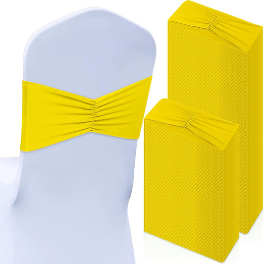 Moukeren 100 Pcs Spandex Chair Sashes Bows Bands Slider Sashes for Chair Covers Elastic Bands Ties Ribbon Decorations for Wedding Party Events Ceremony Birthday Banquet(Yellow)