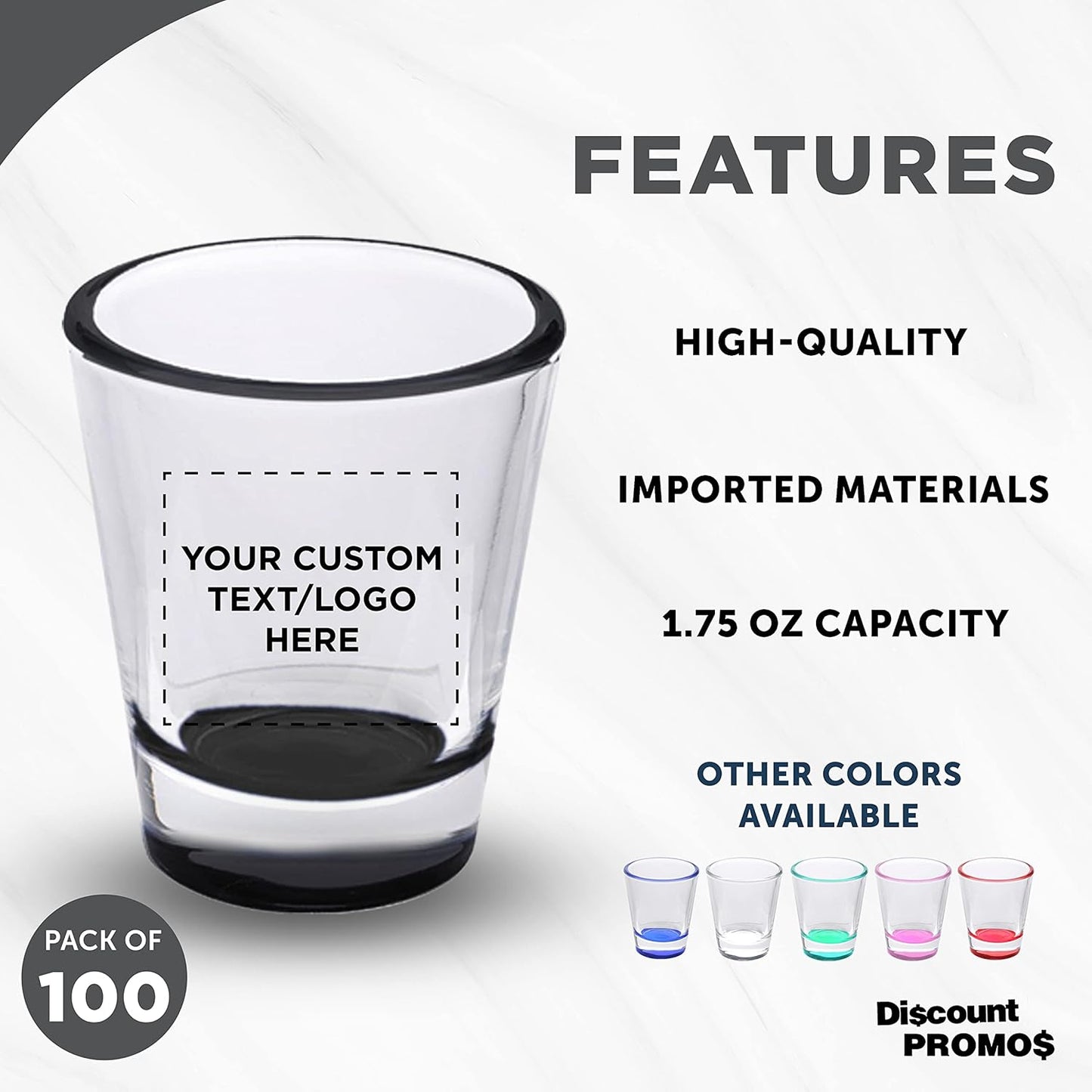 Custom Shot Glasses 1.75 oz. Set of 100, Personalized Bulk Pack - Great for Wedding Favors, Bachelorette Party Decorations, Party Fovors, Color Bottom - Black