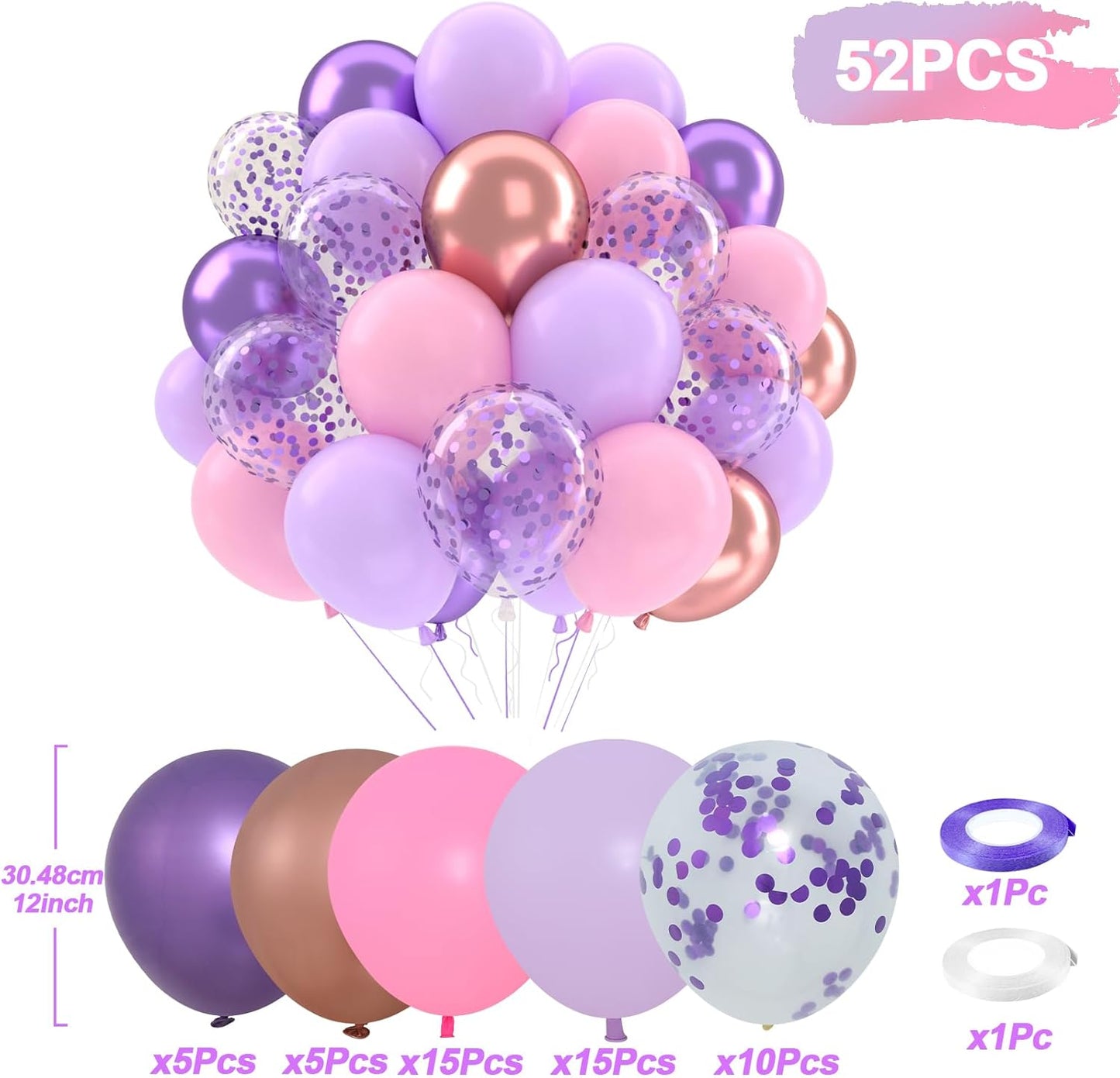 Patimate Purple and Pink Balloons Set, 50 pcs 12 inch Metallic Rose Gold Purple Pastel Pink Purple Confetti Latex Balloons Kit for Girl Birthday Baby Shower Wedding Party Decorations
