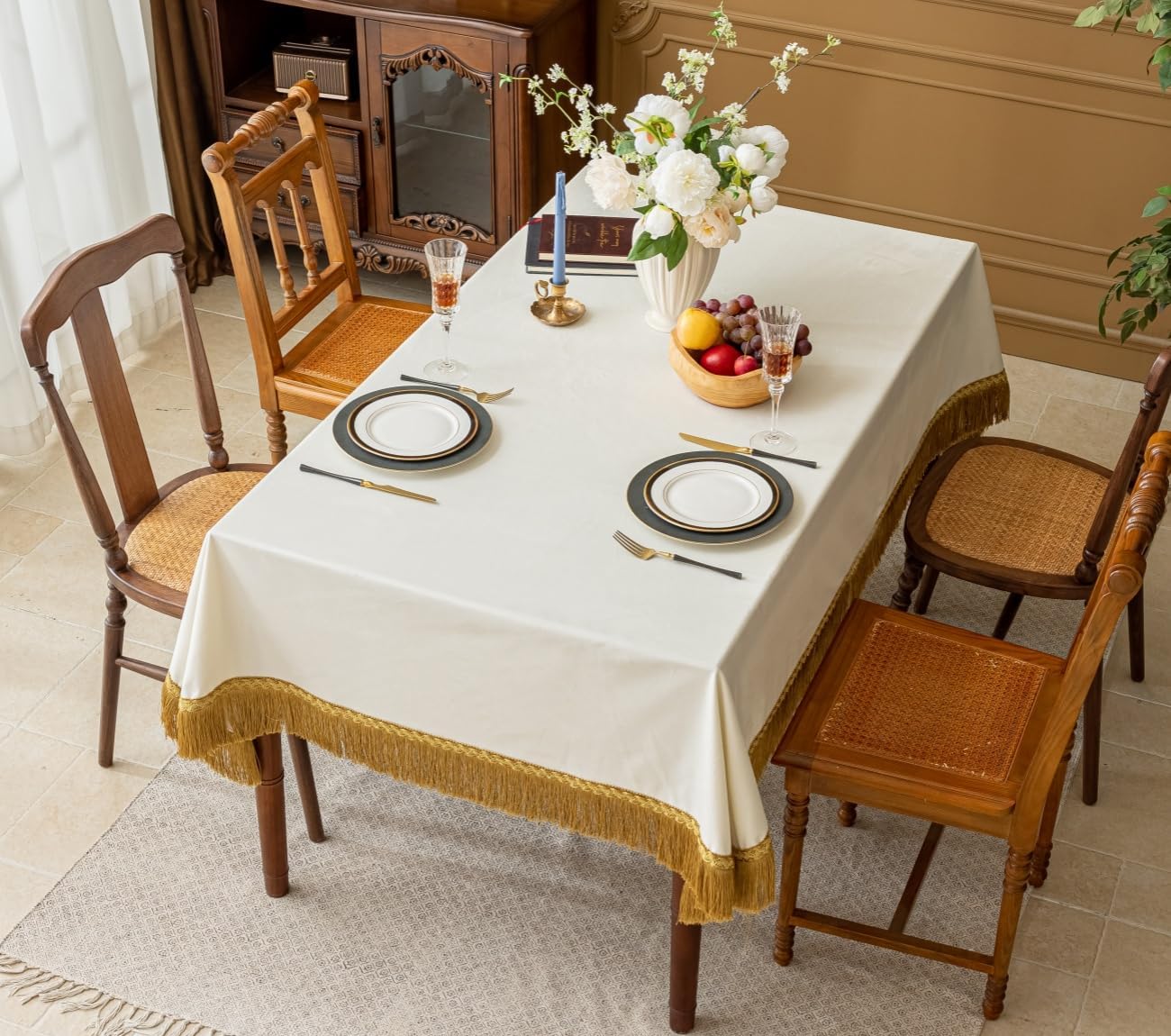 F-CHU White Tablecloth Thickset Velvet Tablecloth with Beautiful Gold Tassels Vintage Table Cloth for Home Decor Wedding, Party, Banquet and Events 60x86-Inch