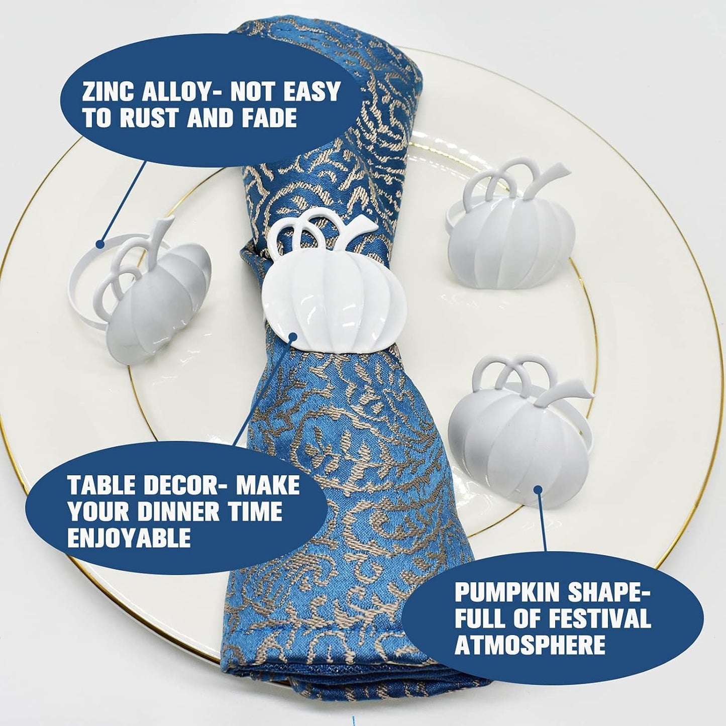 Halatool Thanksgiving Pumpkin Napkin Rings Set of 12, Alloy Fall Napkin Rings Dinner Tables Holders for Thanksgiving Halloween Weddings Holidays Gathering Dinner Party (White)