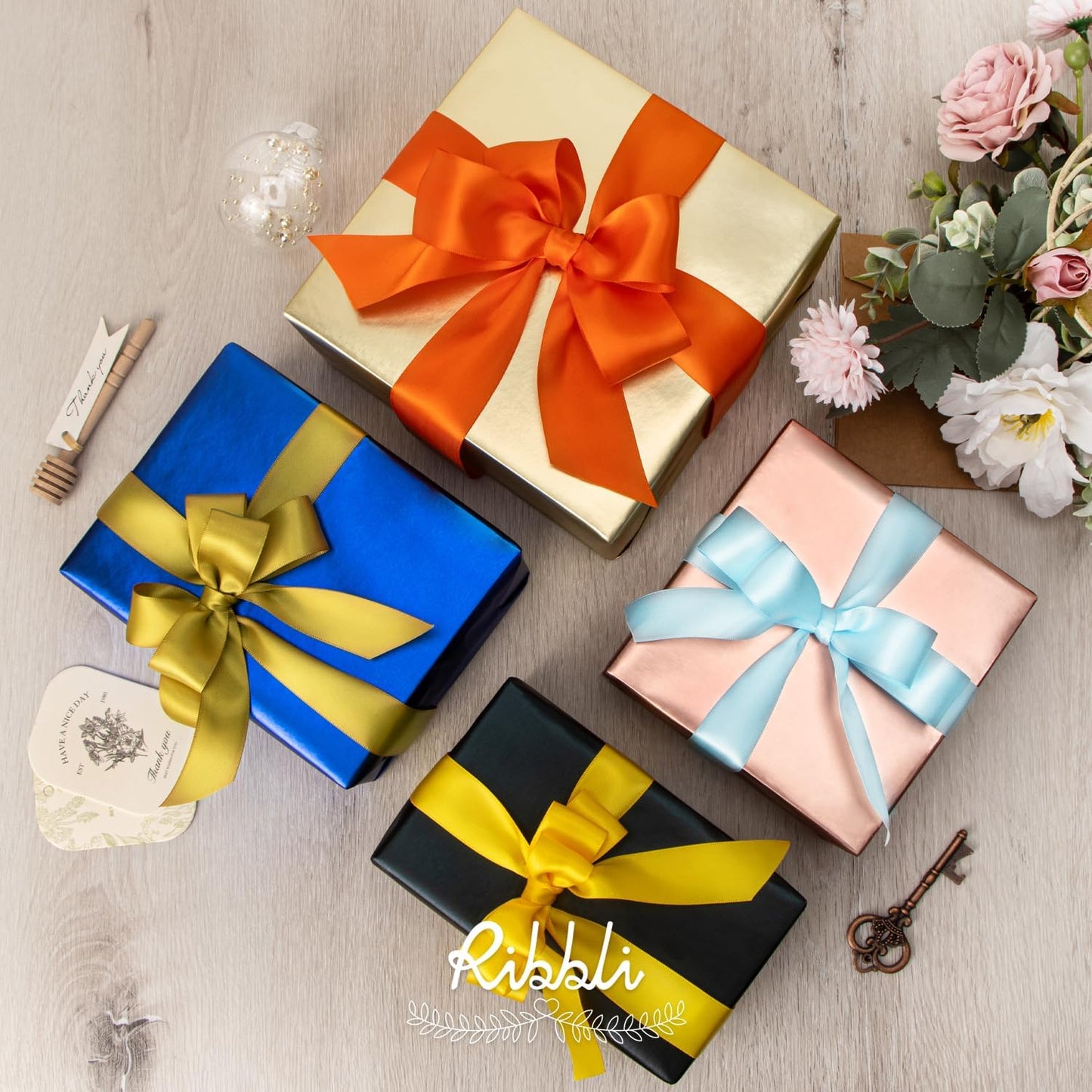 Ribbli Gold Double Faced Satin Ribbon,1” x Continuous 25 Yards,Use for Bows Bouquet,Gift Wrapping,Wedding Decoration