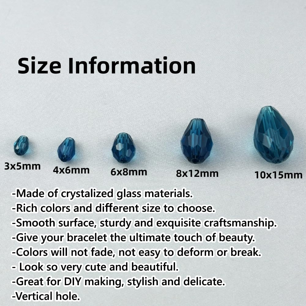 200pcs 3x5mm Teardrop Crystal Glass Beads for Jewelry Making, Faceted Vertical Hole Teardrop Glass Spacer Beads for Wind Chimes Bracelet Earring Necklace DIY Craft(Peacock Blue)