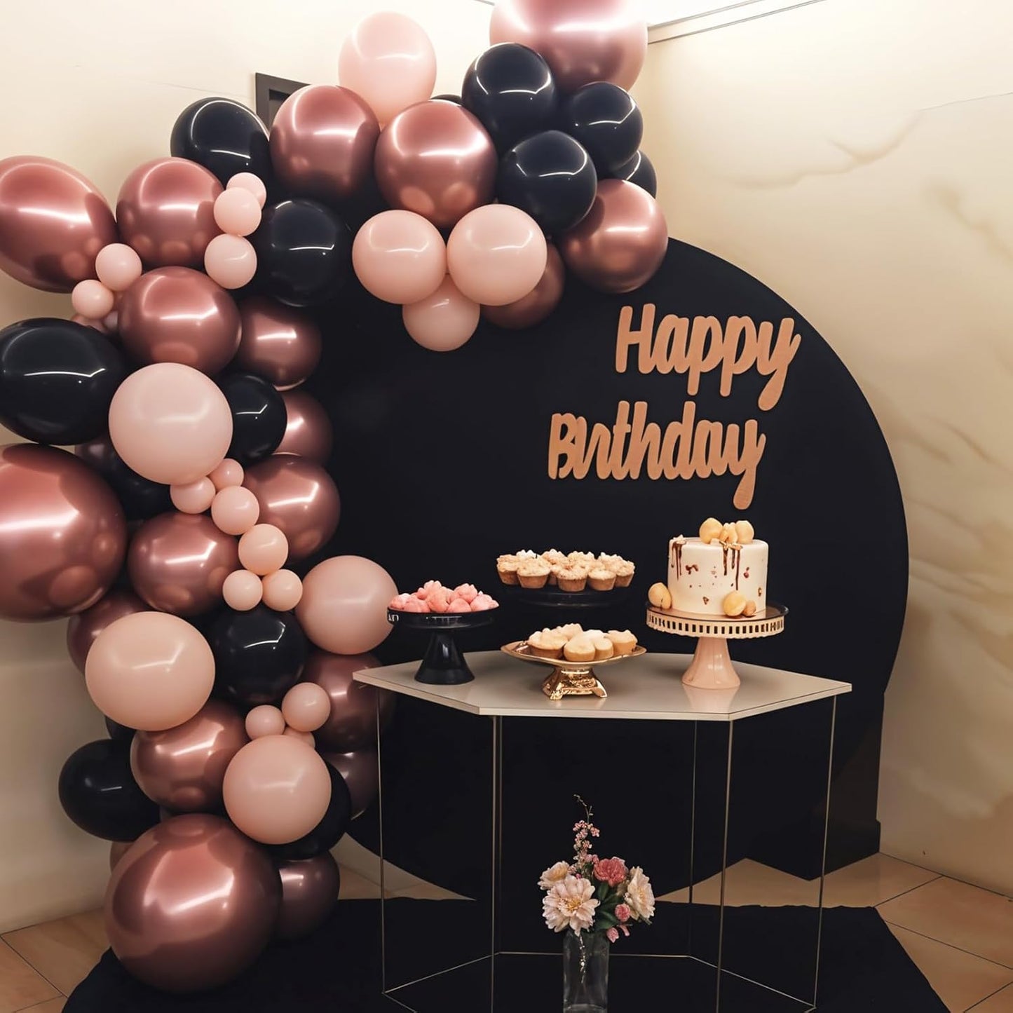 Black Rose Gold Balloons, 60pcs Rose Gold And Black Balloons, Metallic Pearl Matte Confetti Balloon For Girls Women Lady Birthday Baby Shower Party Wedding Bridal Shower Bachelorette Engagement Decor