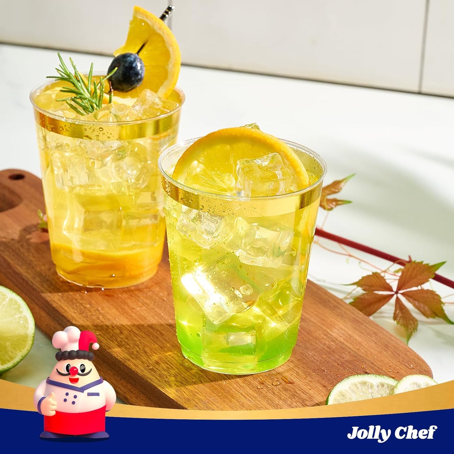 JOLLY CHEF 200 Pack 10 oz Gold Plastic Cups Elegant Gold Rimmed Disposable Cups Heavy-Duty Party Cups for Wedding & Party