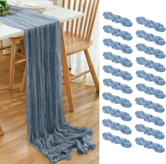 20 Pack Dusty Blue Cheesecloth Table Runner 17x108 Inch Boho Wrinkled Sheer Gauze Cheese Cloth Table Runner Bulk Romantic Decor for Wedding, Bridal Shower, Birthday Party