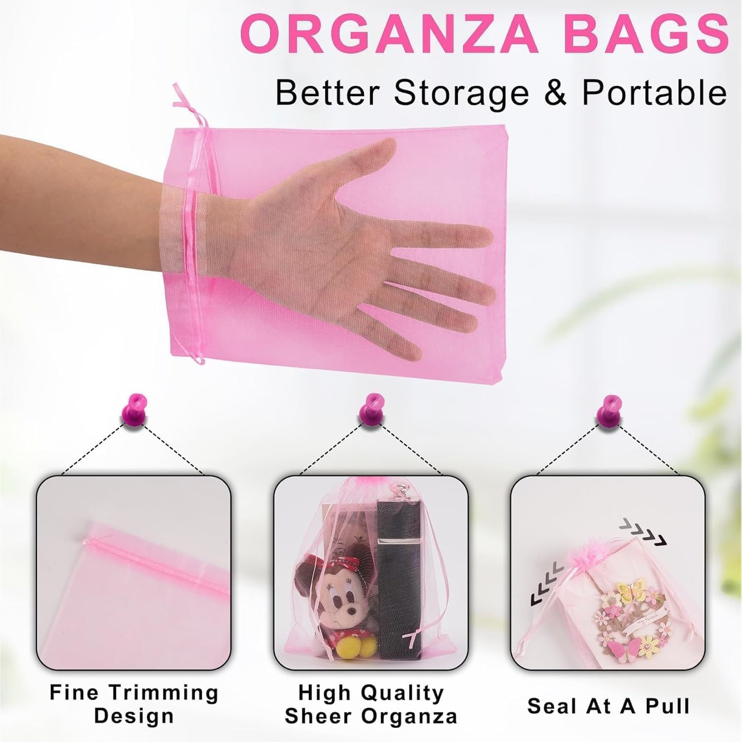 ANZNKU 100 Pack Premium Sheer Organza Bags 6x9 inches Mesh Bags Drawstring, Gift Bag for Party Wedding Christmas, Organza Favor Bag Drawstring(Pink)