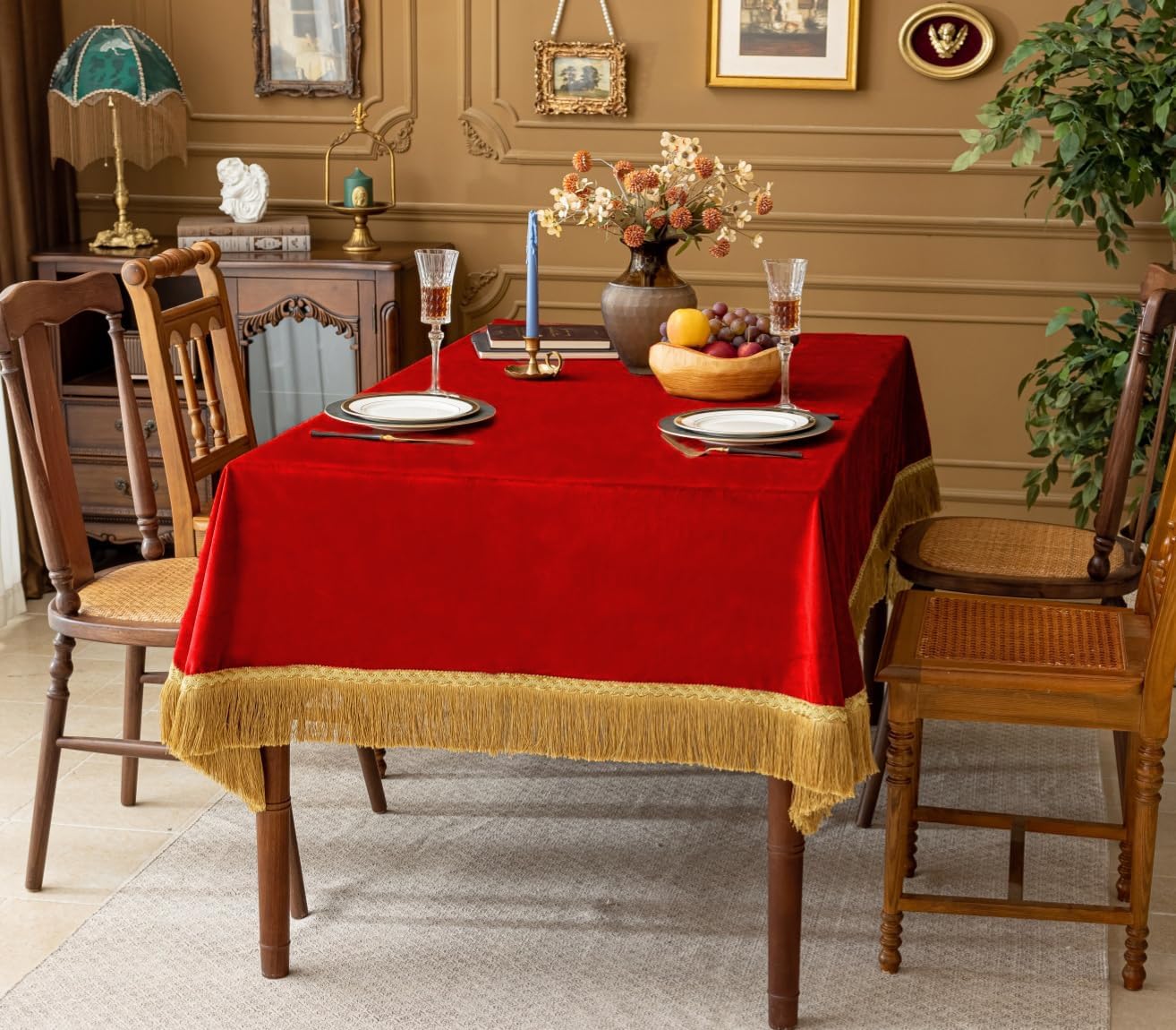 F-CHU Luxury Red Tablecloth Thickset Velvet Tablecloth with Beautiful Gold Tassels Vintage Table Cloth for Home Decor Wedding, Party, Banquet and Events 60x70-Inch