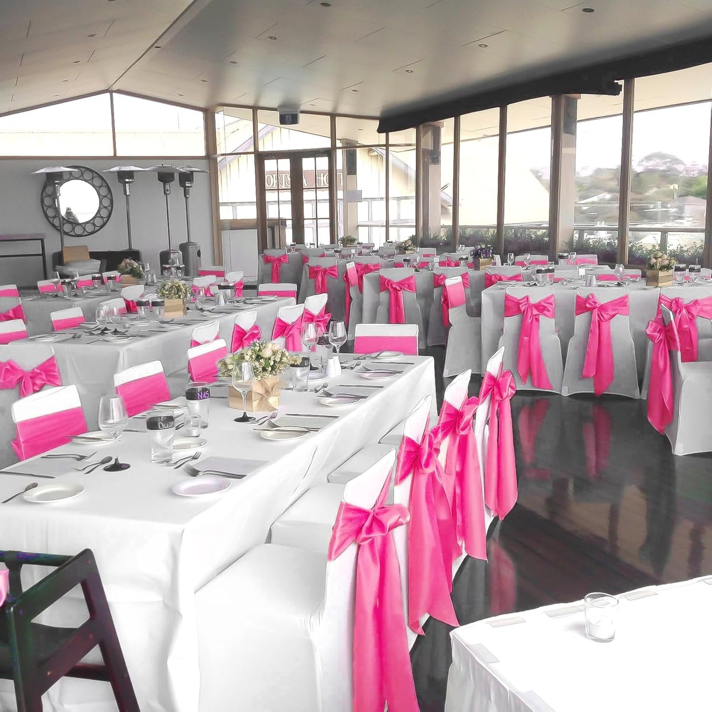 60 PCS Hot Pink Satin Chair Sashes Bows Universal Chair Cover for Wedding Reception Restaurant Event Decoration Banquet,Party,Hotel Event Decorations (7 x 108 inch)