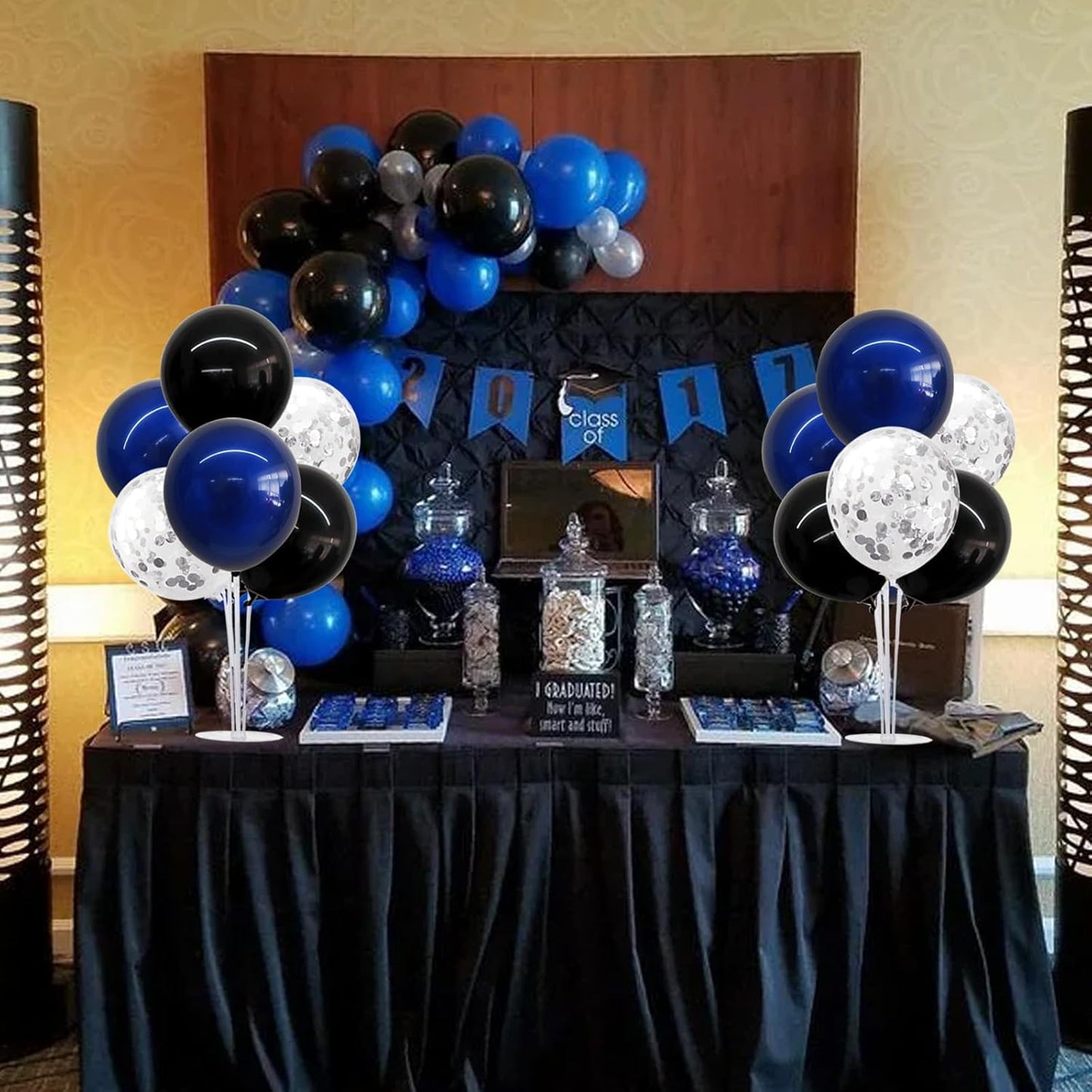 TONIFUL 4 Set Black Blue Silver Confetti Balloon Centerpieces for Table,Balloon Stand Kit for Graduation Decorations 2025 Blue Party Decorations,Retirement,Anniversary,Birthday Decoration for men