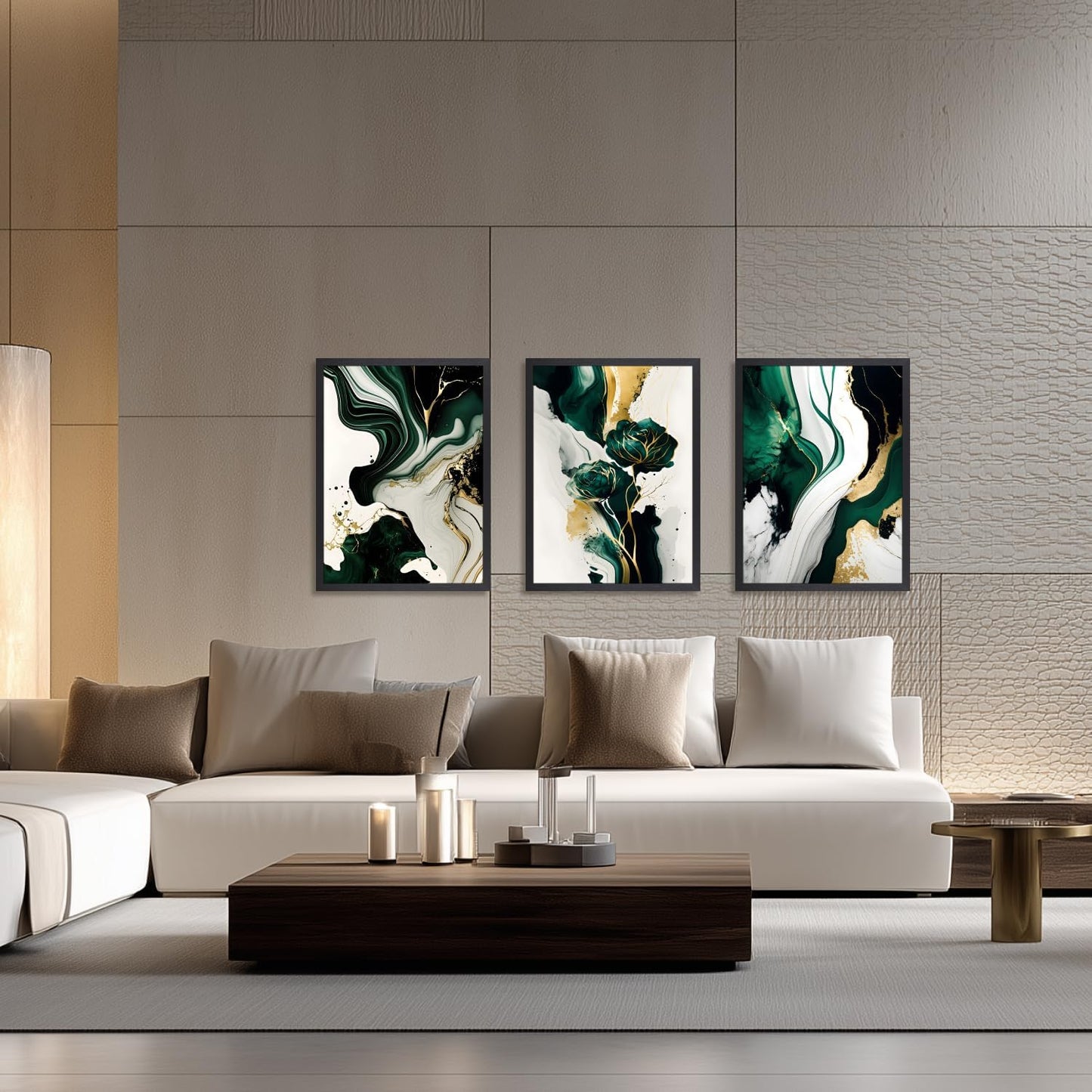 IAFWZX Wood Framed Green Gold Abstract Wall Art, Emerald Marble Textured Wall Decor, Contemporary Line Flower Canvas Paintings, Abstract Floral Poster Prints for Living Room Bedroom Office 16"x24"x3