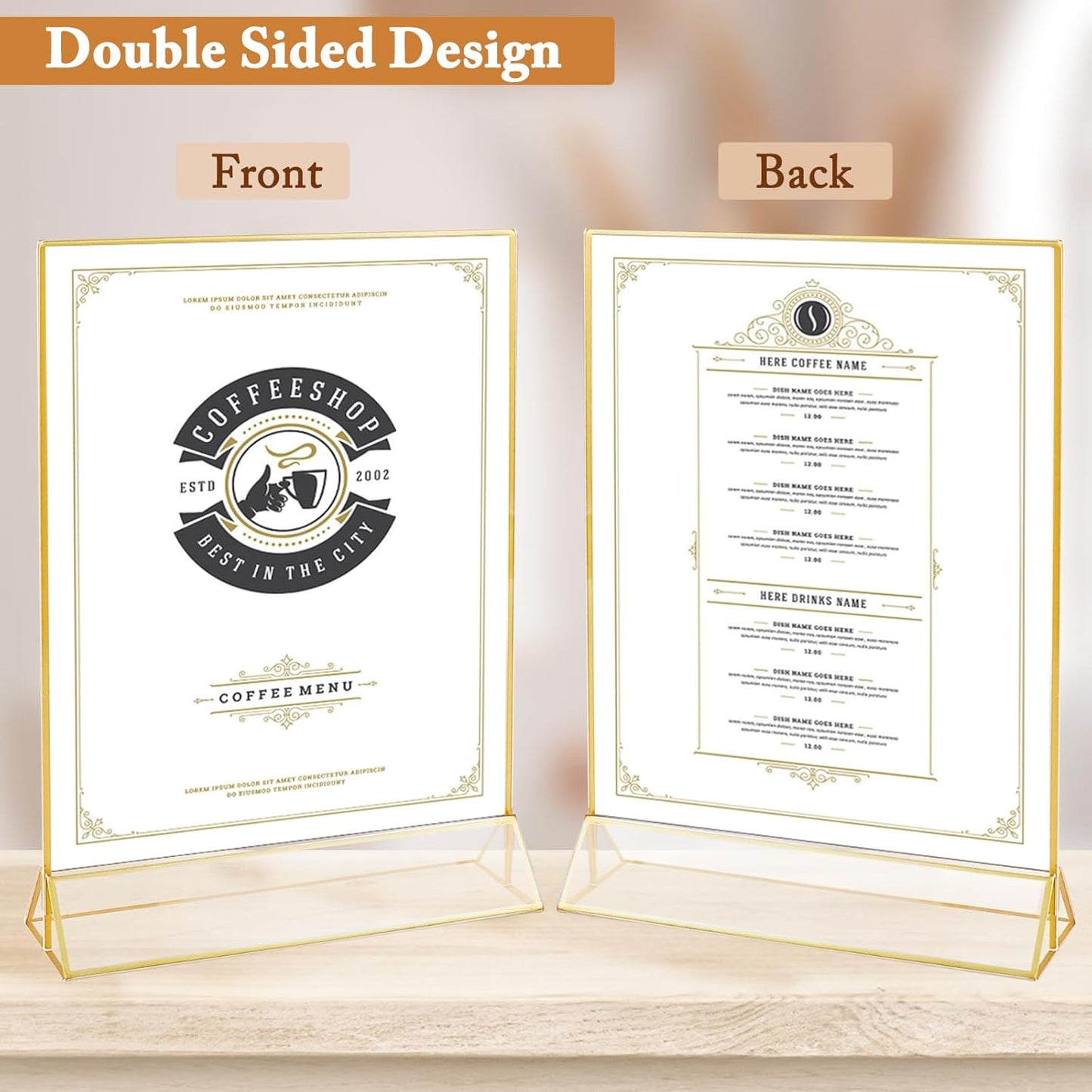 Floroom 6 Pack 8.5x11 Inch Clear Acrylic Sign Holders, Double-Sided Gold Display Stand Picture Frames for Table Numbers, Menus, Flyers, Weddings, and Offices