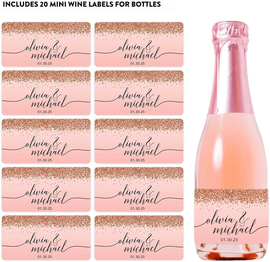 Andaz Press Personalized Mini Champagne Wine Bottle Labels, Blush Pink Faux Rose Gold Glitter Elegant, 20-Pack, Custom Wine Labels for Bottles Custom Champagne Labels Personalized Wine Labels